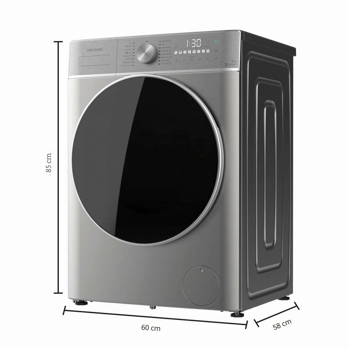 Cecotec Lavatrice 9 Kg di carico frontale Bolero DressCode 9800 Inverter Steel A. 1400 giri/min, classe A, 16 programmi, motore Inverter Plus, SteamMax, OnSmart, SpaCare, Fuzzy Logic e Display Touch