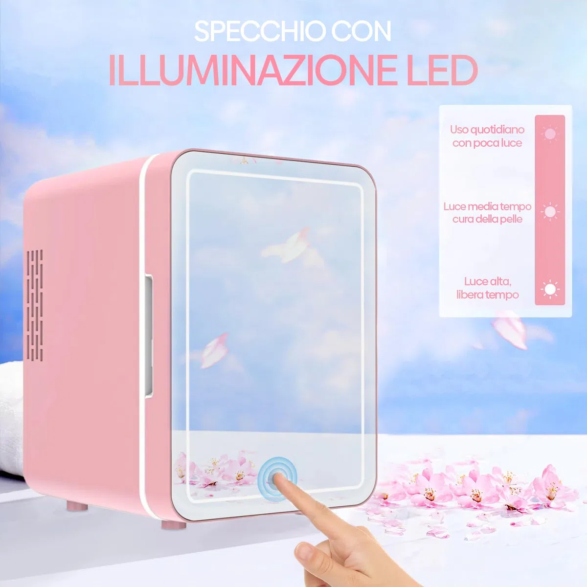Olvy Frigorifero Cosmetico 4 Litri, Mini Frigo Portatile con Specchio LED, Piccolo Frigo per Cura della Pelle, Raffreddamento e Riscaldamento per Camera, Rosa