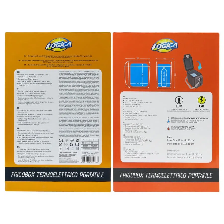 LOGICA Frigo 7.5L - DC Termoelettrico Portatile 7,5L | Caldo/Freddo 12V con Tracolla per Auto, Viaggi e Outdoor
