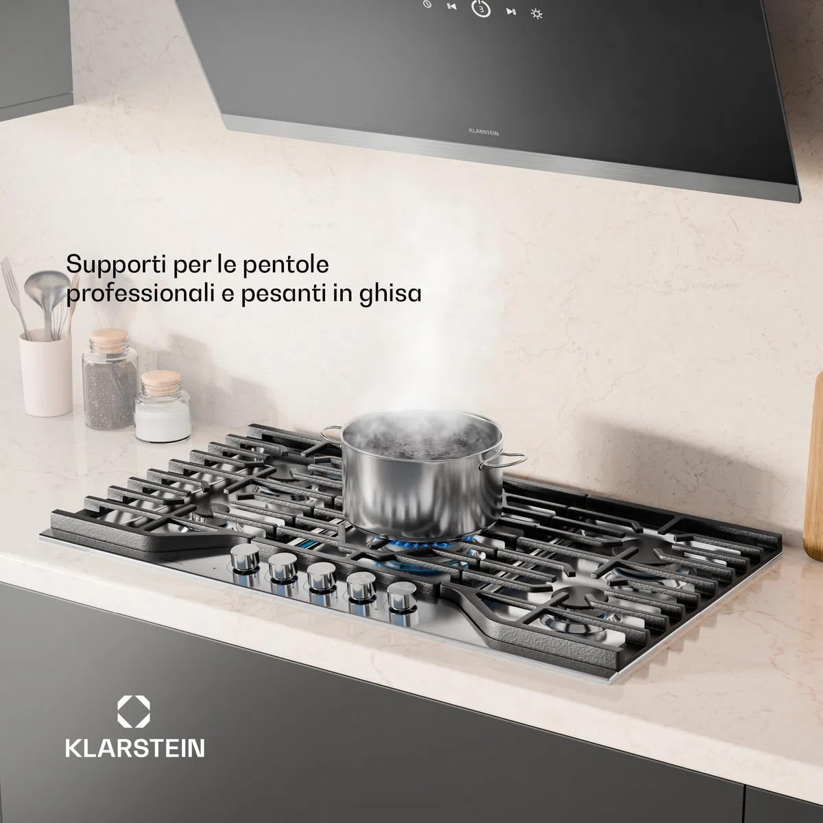 Klarstein Turbocast - Piano Cottura a Gas, 5 Bruciatori, Acciaio Inox 304, Wok: 3,4 kW, GPL, Accensione Elettrica, Supporti in Ghisa, Kit di Conversione Incluso, 910x85x510 mm