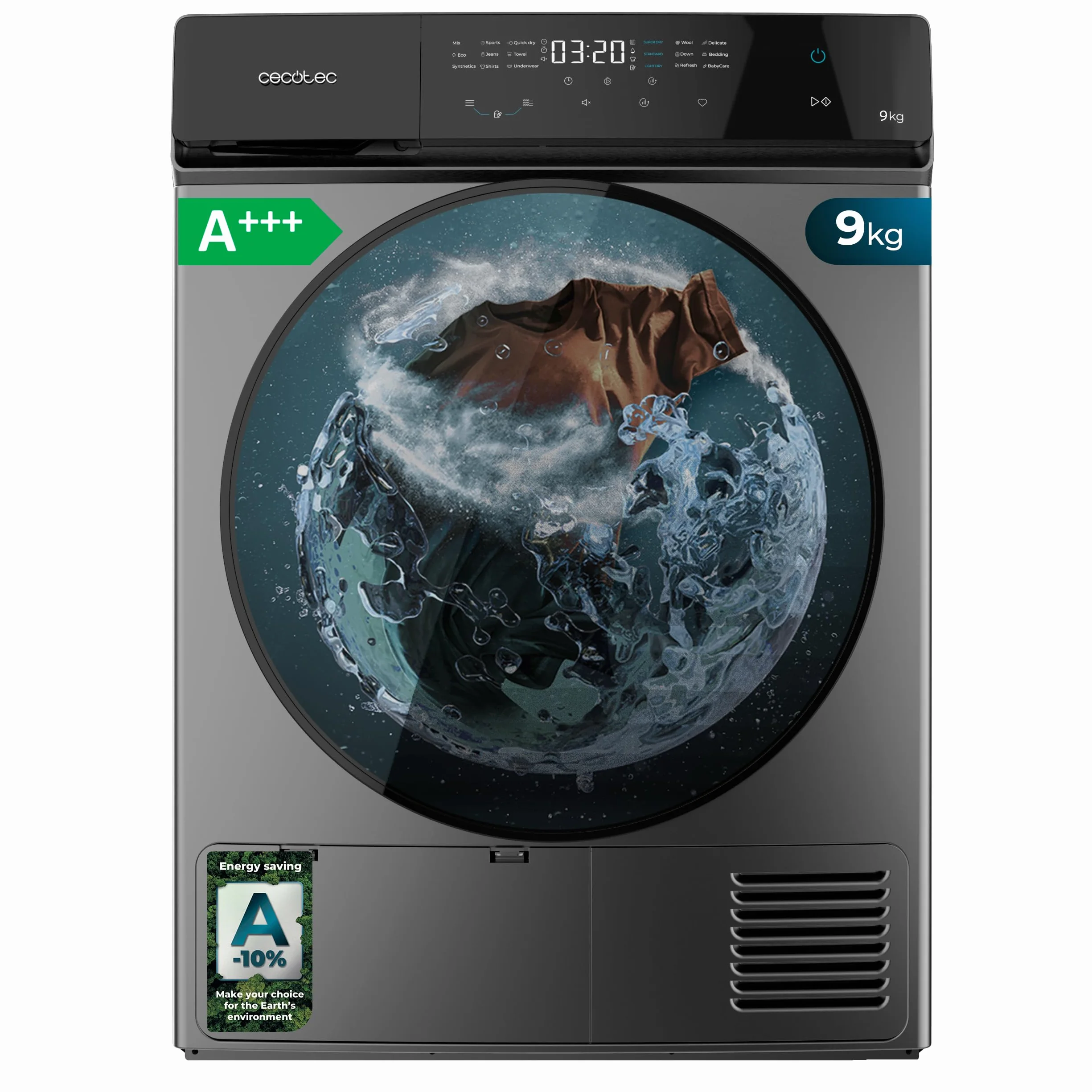 Cecotec Asciugatrice Pompa di Calore 9Kg Bolero DressCode Dry 9400 Inverter Steel. Classe A+++, 15 programmi, Asciugatura Automatica, Stiratura Facile, Funzioni Stop&Go, Avvio Ritardato, KidLock, Inox