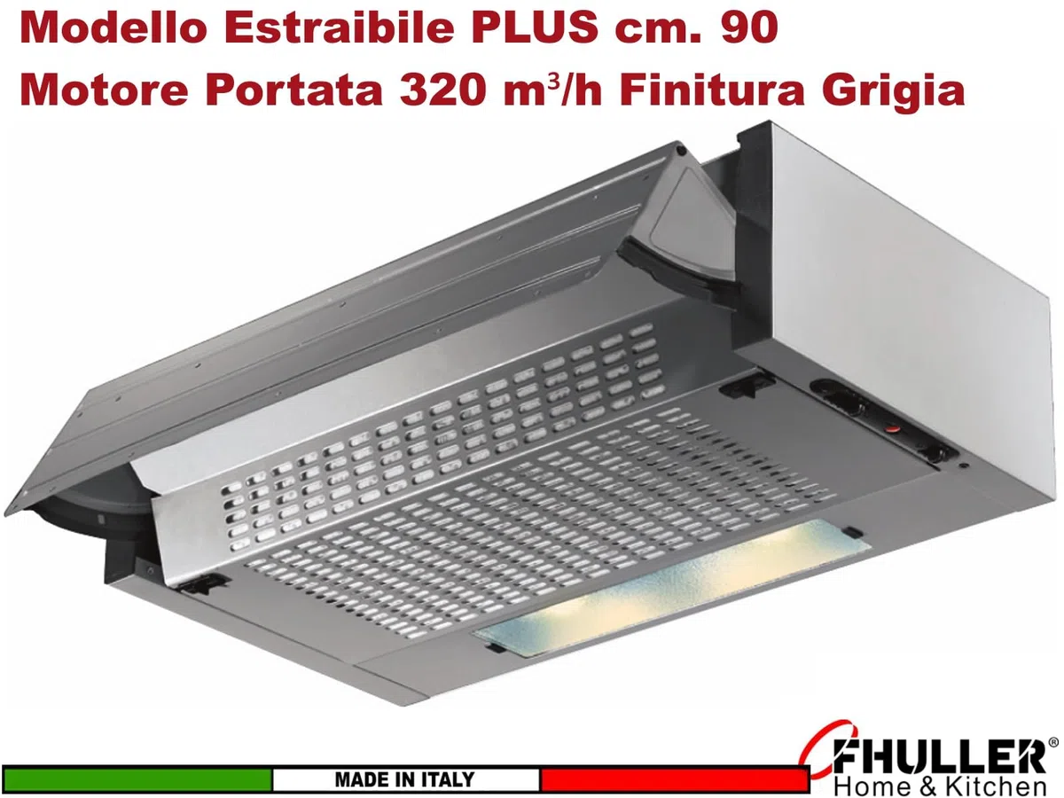 Cappa ESTRAIBILE PLUS Gruppo Incasso 90 Sottopensile Tecnowind K104R0079 Motore 320 m³/h Classe C SENZA FRONTALINO Illuminazione a LED 2,5 w E14 Comando Meccanico Filtro Metallico