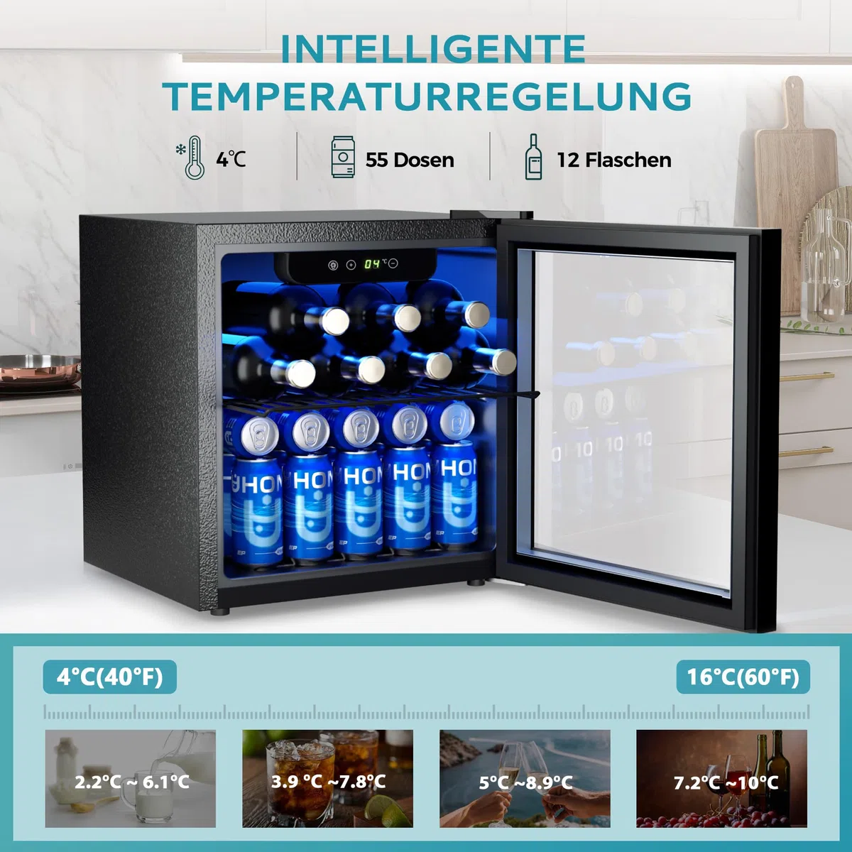 EUHOMY Frigorifero per Bevande 36L – Professional Mini Frigo per Bevande con Porta in Vetro, 2 Ripiani Regolabili, Capacità 55 Lattine, Porta Reversibile e Luce LED, per Ufficio, Camera, Bar – Nero
