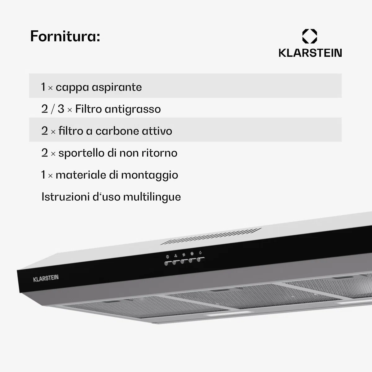 Klarstein Contempo 90 Cappa Aspirante da Incasso, 90cm, 200 m³/h, LED, Filtri ai Carboni Attivi, Argento