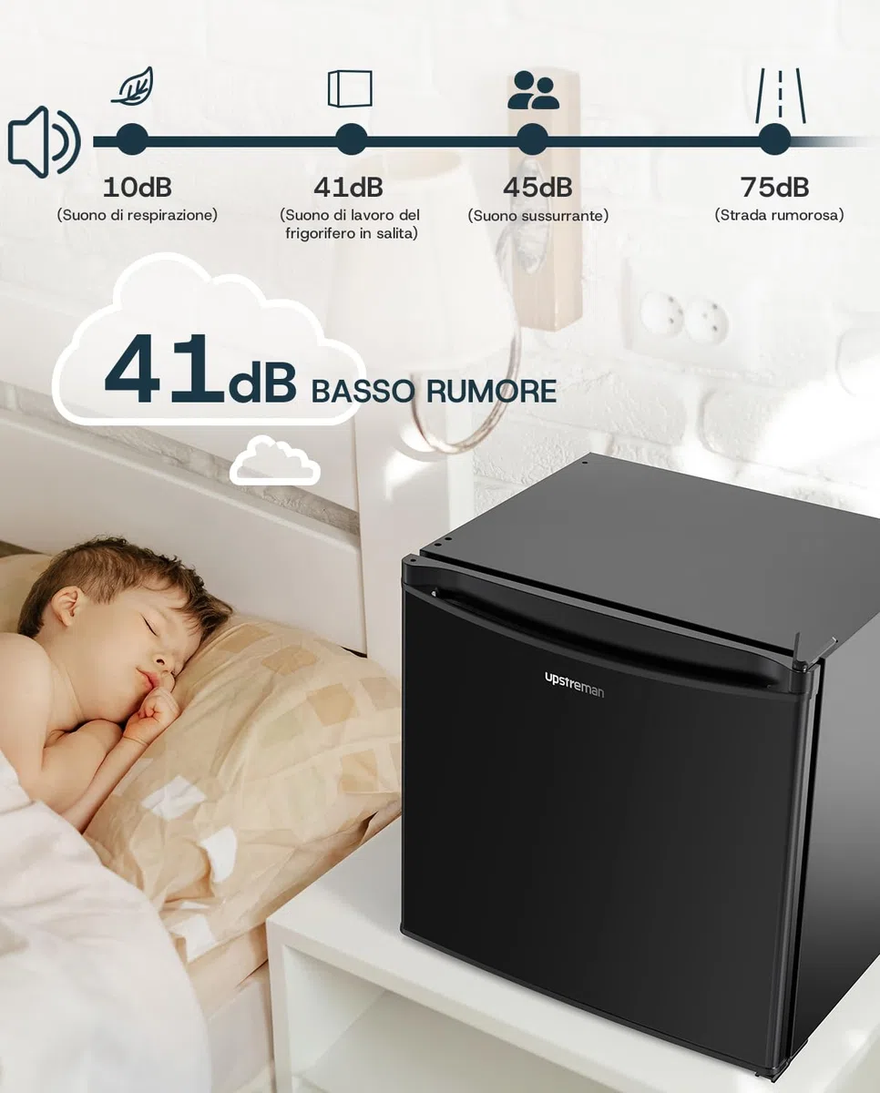 Upstreman Mini Frigo 46L, Frigorifero, Silenzioso, Porta Reversibile, Termostato Regolabile, Risparmio Energetico, Frigorifero Piccolo da Ufficio, Camera, Hotel, Nero Lucido -FR17