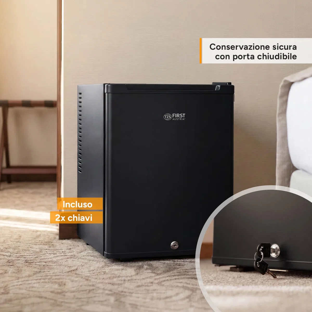TZS First Austria - Mini Frigorifero 40L silenzioso - Piccolo Minifrigo con porta reversibile e luce interna - Minibar per campeggio, ufficio, camera da letto e hotel - Nero opaco