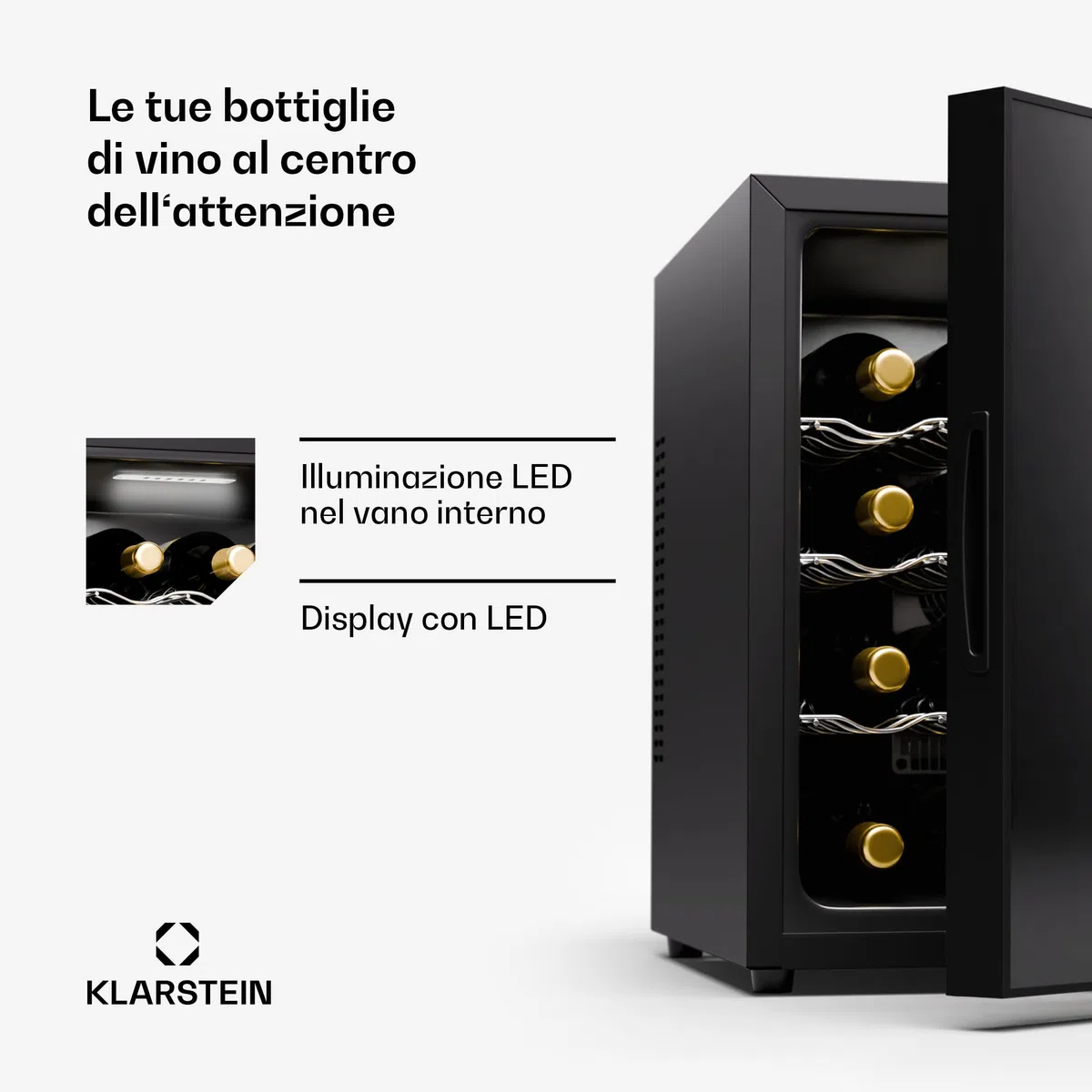 Klarstein Cantinetta Vino Refrigerata a Zona Singola, Frigo Bar, Cantina Vino con Porta in Vetro, Mini Frigo Silenzioso, 5-22°C 16 Bottiglie