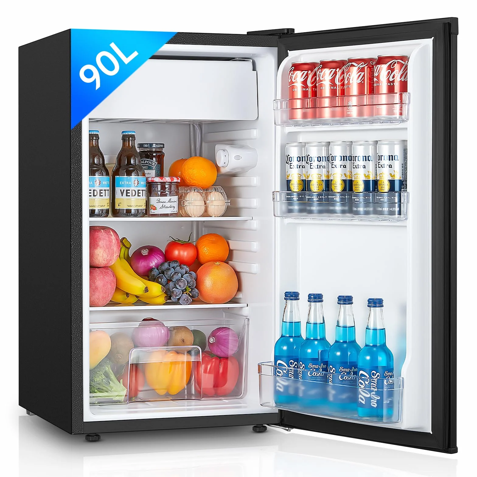 FOHERE Frigorifero Piccolo 91L con Freezer, Frigorifero Monoporta, Silenzioso, 7 Termostato Regolabile, Scomparto per Verdure, Mini Frigo da Ufficio, Camera, Nero