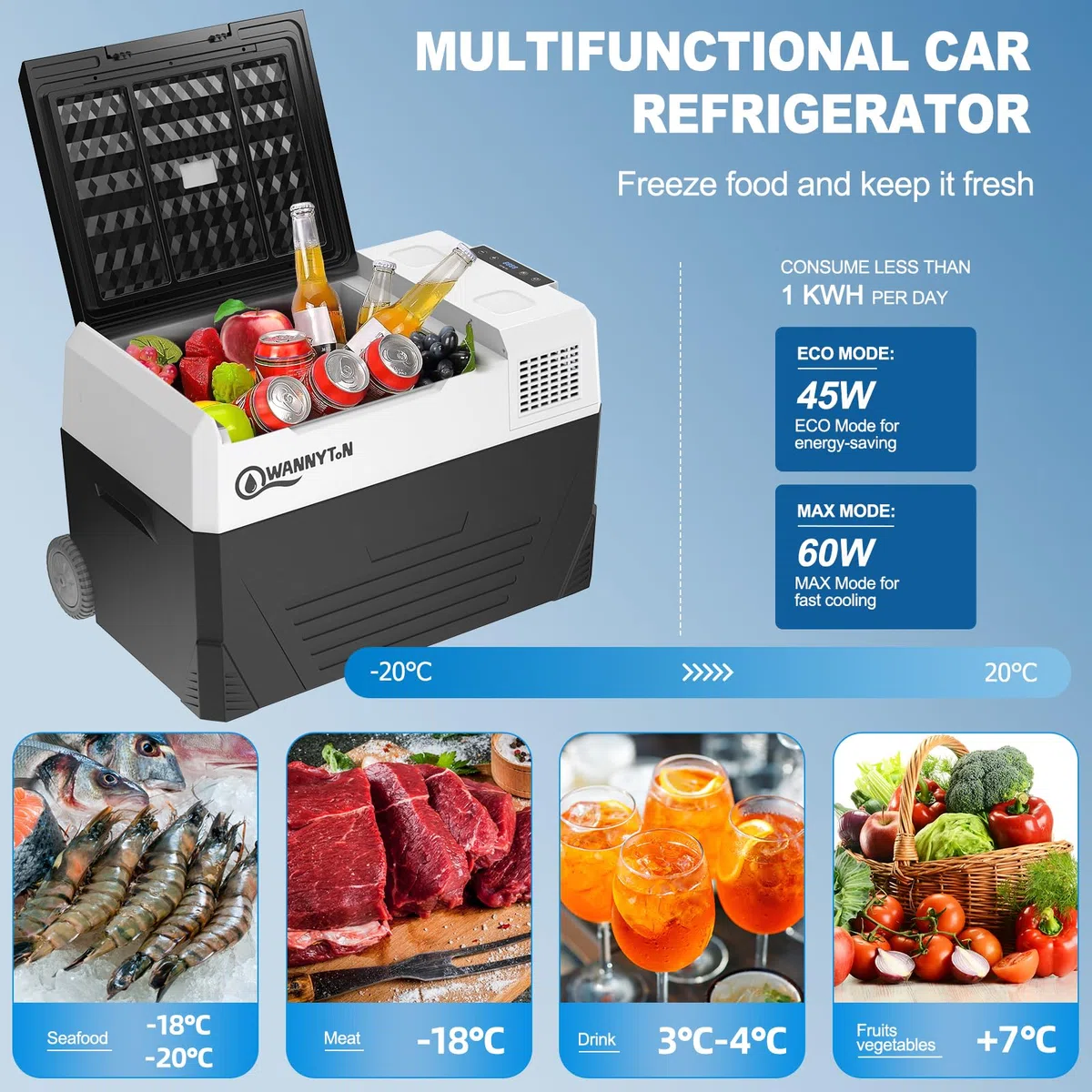 WANNYTON 58L Frigo Portatile a Compressore, Frigorifero Elettrico 12/24/100-240 V, Mini Frigo per Auto, Camper, Barca, con Ruote e Maniglia di Trasporto, con Cavi AC/DC