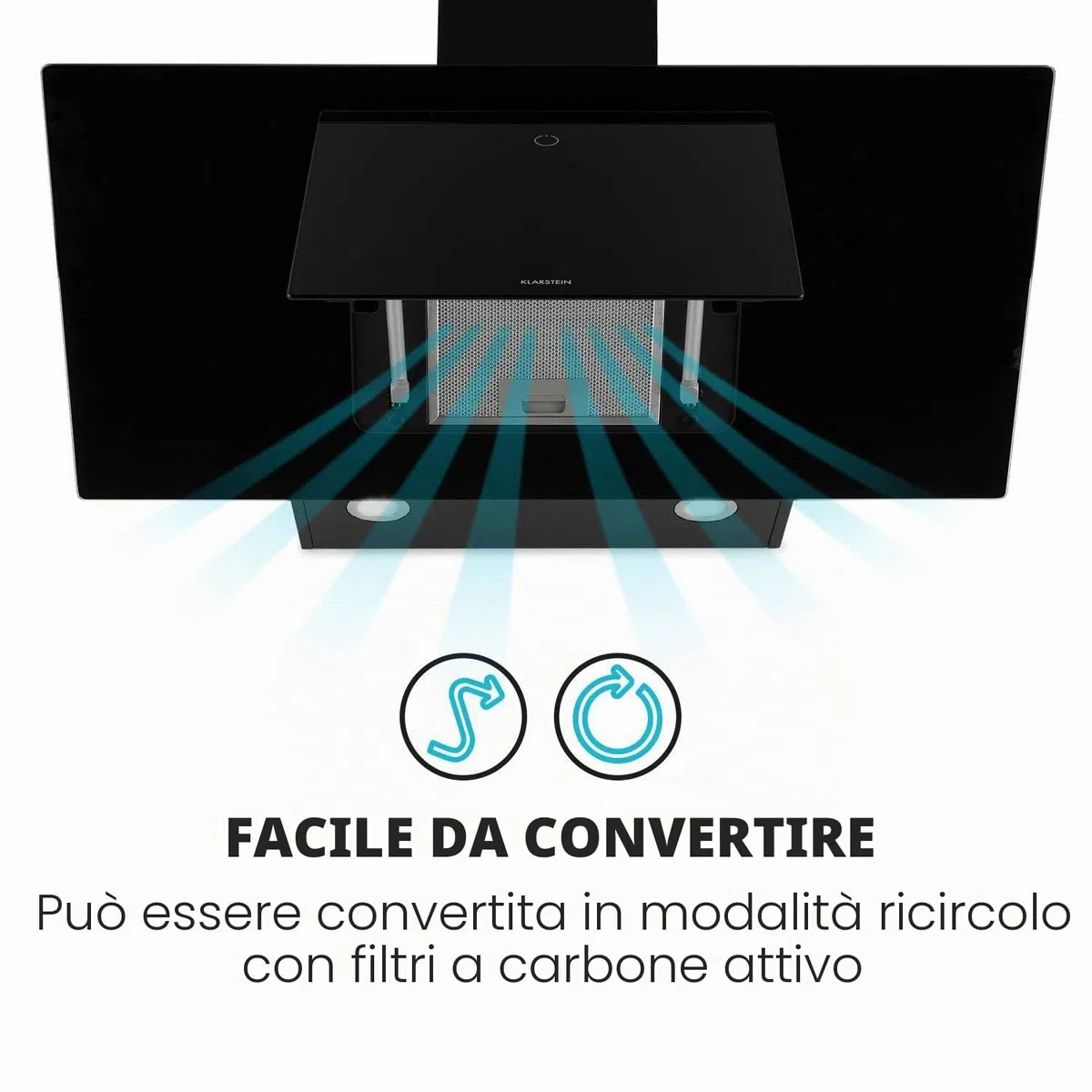 Klarstein Eleonora - Cappa Aspirante Inclinata, Classe Energetica A++, Capacità: 426m³/h, Touch, Luce Ambiente RGB, 60dB, Ricircolo/Scarico, Luce LED, Filtro Antigrasso, 90cm, Nero