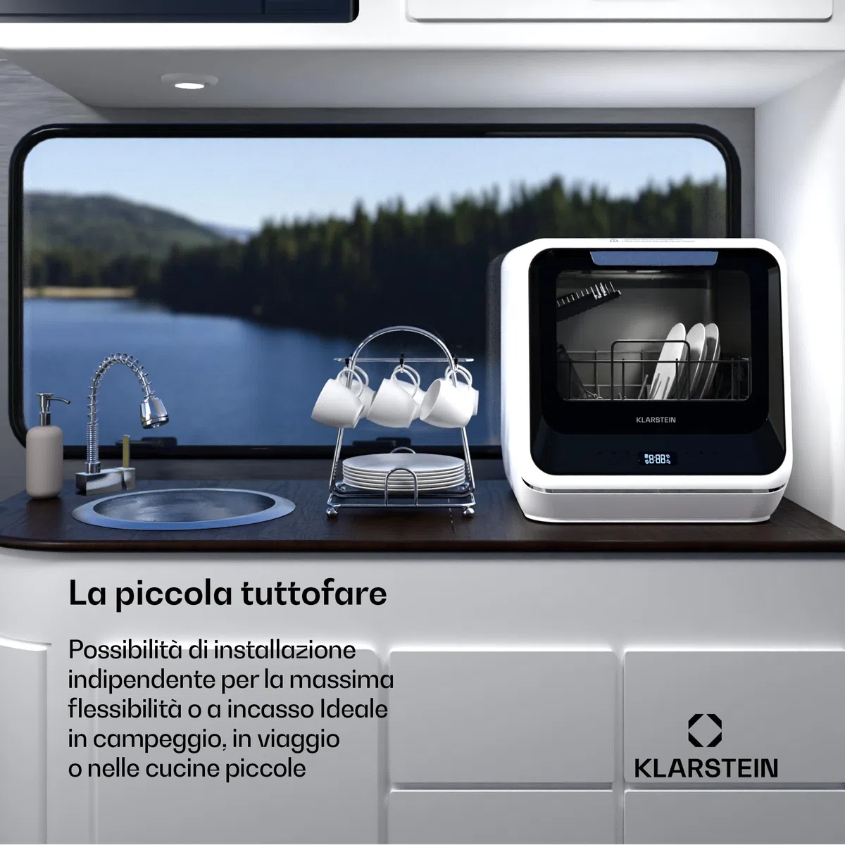 Klarstein Amazonia Mini Lavastoviglie – Portatile Compatta, 7 Programmi, 5L Serbatoio o Attacco Diretto, Silenziosa 58dB, Classe energetica D, Display Digitale, per Cucine Piccole, Nero