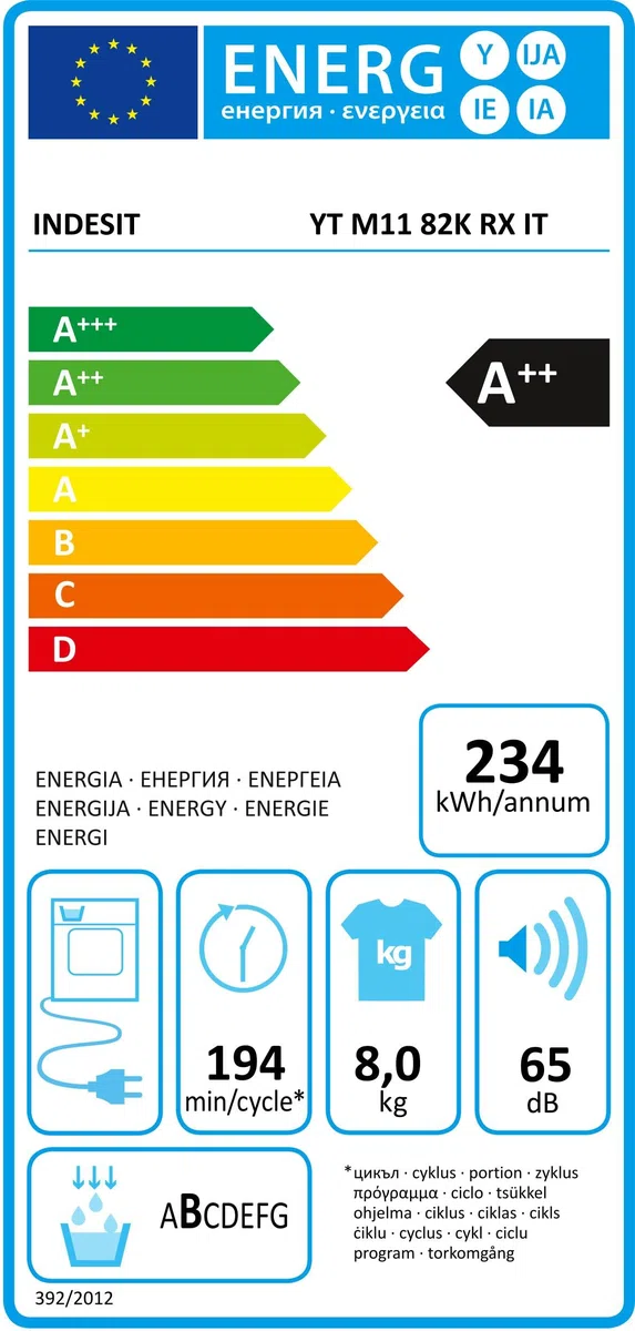 Indesit Asciugatrice Yt M11 82K Rx It Libera Installazione Caricamento Frontale Bianco 8 Kg A++, ‎‎59.5 x 64.9 x 84.9 cm; 44 Kg