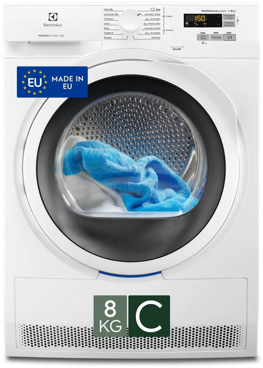 Electrolux Serie 700 DelicateCare, Asciugatrice a Pompa di Calore, 8 kg, EW7H583W, Classe C, 14 Programmi, Tecnologia SensiCare, Motore Inverter, Filtro Easy Flow, 67 dB, 850x596x636 mm