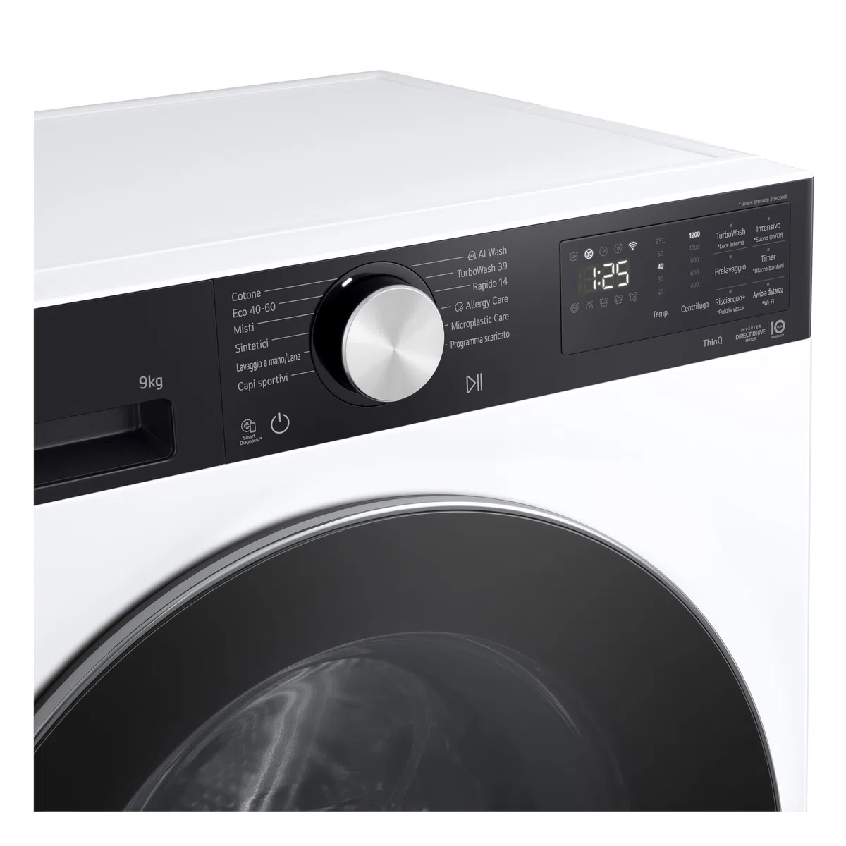 LG F2NX50S9TKC Lavatrice Slim 9 kg Next AI DD, Classe A -30%, 1200 Giri, Programma AI Wash con Intelligenza Artificiale, Wi-Fi, Allergy Care, TurboWash 360, Serie X5, White Black Pannel e Silver Knob