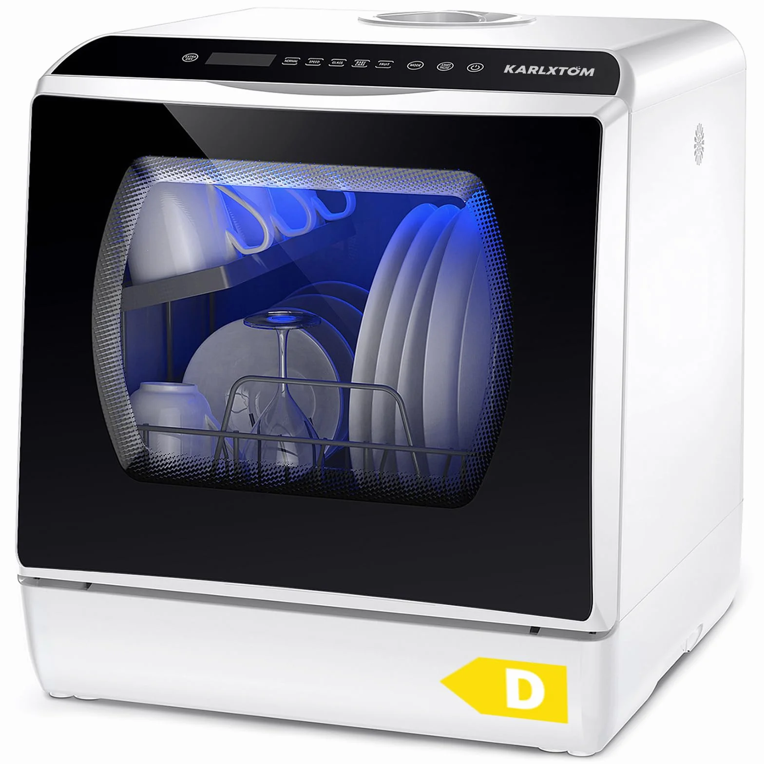 Karlxtom Lavastoviglie portatile, Lavastoviglie Piccola da Appoggio con Doppia Modalità di Alimentazione Dell'acqua, Lavaggio a 360°, 6 Programmi, Controllo touch, Display a LED, Bianca