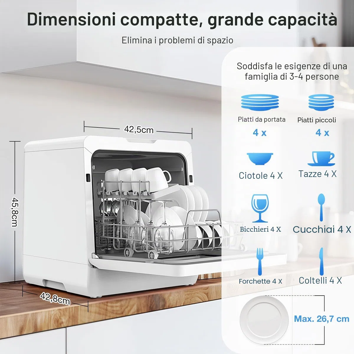 Mini lavastoviglie BLITZHOME controllo smart app, 8 programmi, lavastoviglie da tavolo portatile, serbatoio dell'acqua da 5 l, utilizzabile con/senza collegamento acqua, asciutto, prenotazione
