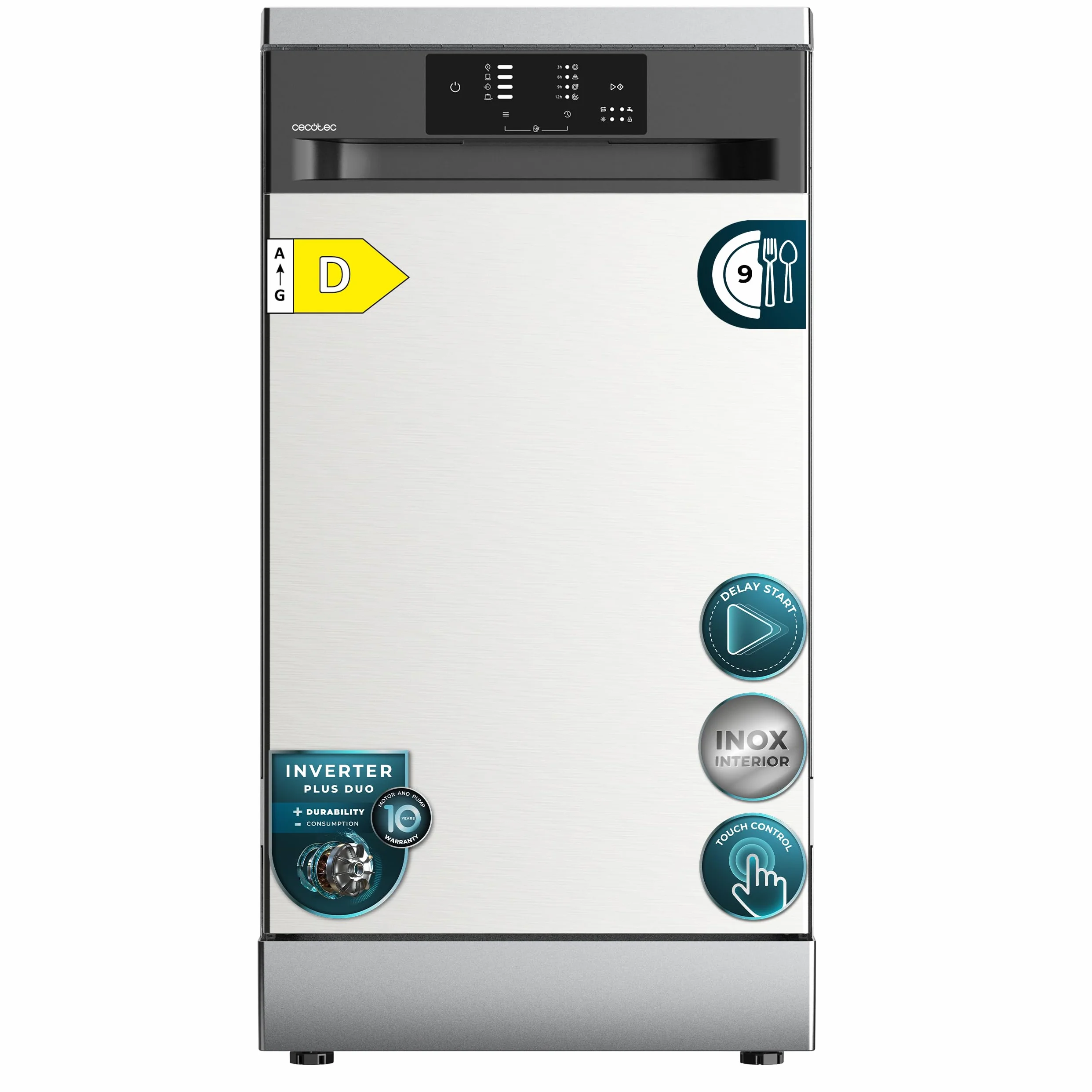 Cecotec Lavastoviglie Libera Installazione 45 cm Bolero Aguazero 4350 Inox. 9 Coperti, 4 Programmi, Classe D, Inverter Plus Duo, Pannello Touch, AutoClean, Delay Start, Cestello Posate, Inox