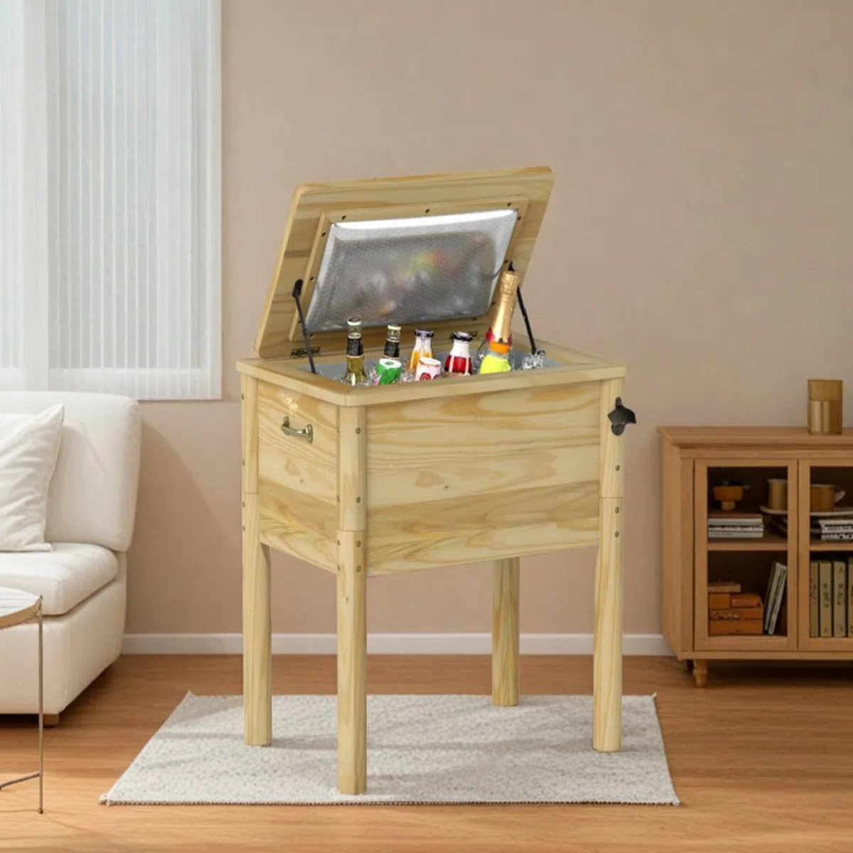 SOARS Frigorifero per rotelle, 51 l, bar all'aperto mobile 67 x 47 x 74 cm, tempo di mantenimento 2-4 ore, materiale in legno di pino solido, per giardino, terrazza, piscina, bistrot, naturale