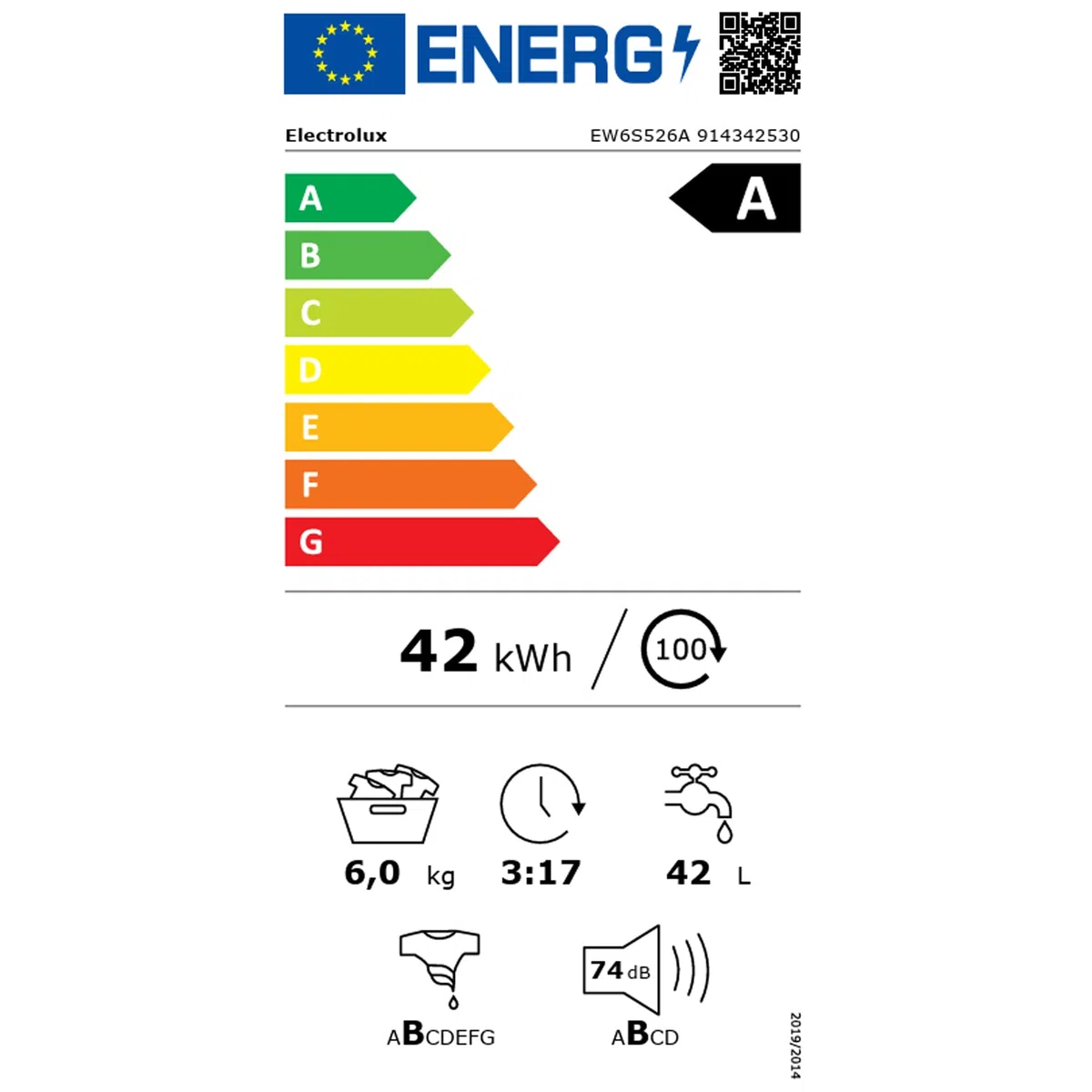 Electrolux EW6S526A Lavatrice Frontale Slim 6 kg Classe A Steam Anti-Allergy 843x595x378 mm