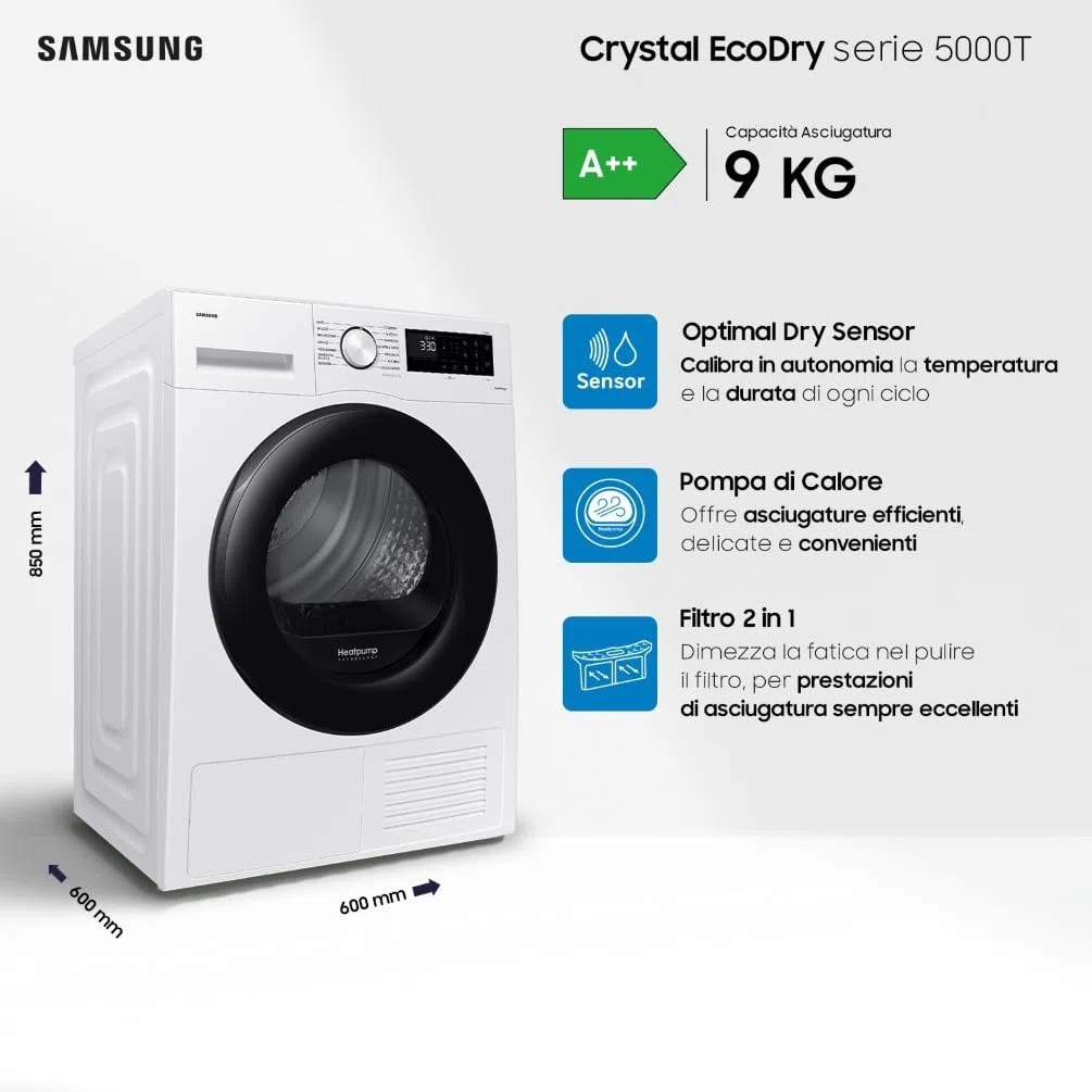 Samsung Asciugatrice Crystal EcoDry DV90CGC0A0AE/ET 9 Kg, Pompa di Calore, Wifi, Sensore Optimal Dry, Filtro 2 in 1, Carica Frontale, 60L x 80H x 65P cm