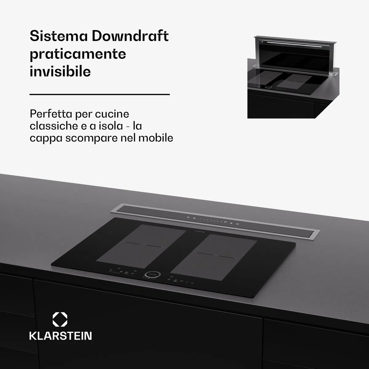 Klarstein cappa aspirante 75 cm a scomparsa ricircolo 2 in 1 576 m³/h LED touch nero