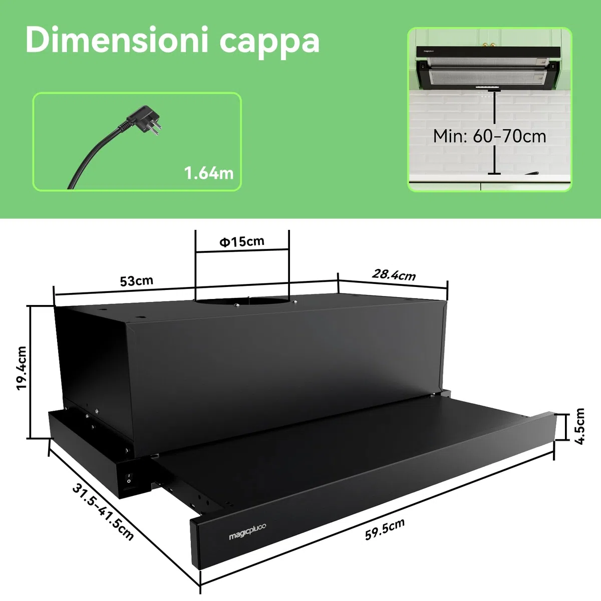 magicplux Cappa aspirante Telescopica 60 cm Nero – 370 m³/h, Classe A, LED, 60/65 dB, Estrazione/Ricircolo, Filtro al Carbone Incluso