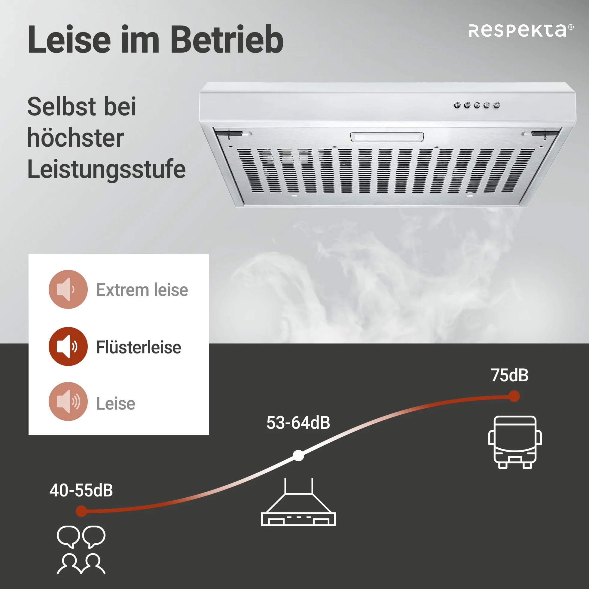 Respekta Sina cappa sottopensile inox/cappa aspirante 50 cm/corpo inox di qualità/funzione aspirazione e espulsione aria / CH500IX-19 / classe efficienza energetica A+ / 53–64 dB