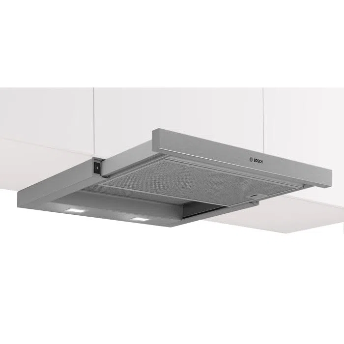 Bosch DFM064W55 Serie 2 - Cuffia a schermo piatto, 60 cm, 3 livelli di potenza, illuminazione a LED, scarico e ricircolo, due filtri antigrasso metallico, lavabile in lavastoviglie, colore: Argento