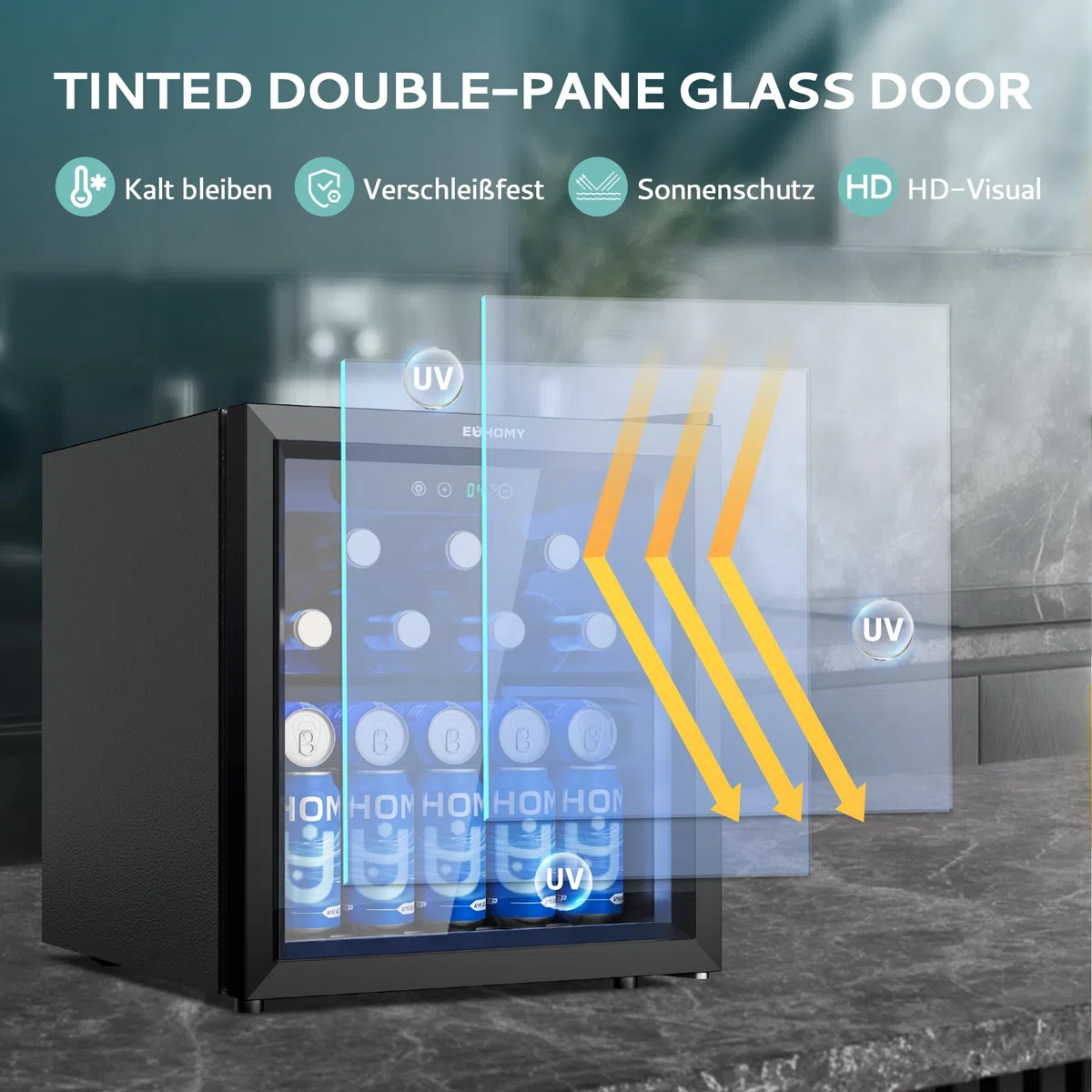 EUHOMY Frigorifero per Bevande 36L – Professional Mini Frigo per Bevande con Porta in Vetro, 2 Ripiani Regolabili, Capacità 55 Lattine, Porta Reversibile e Luce LED, per Ufficio, Camera, Bar – Nero
