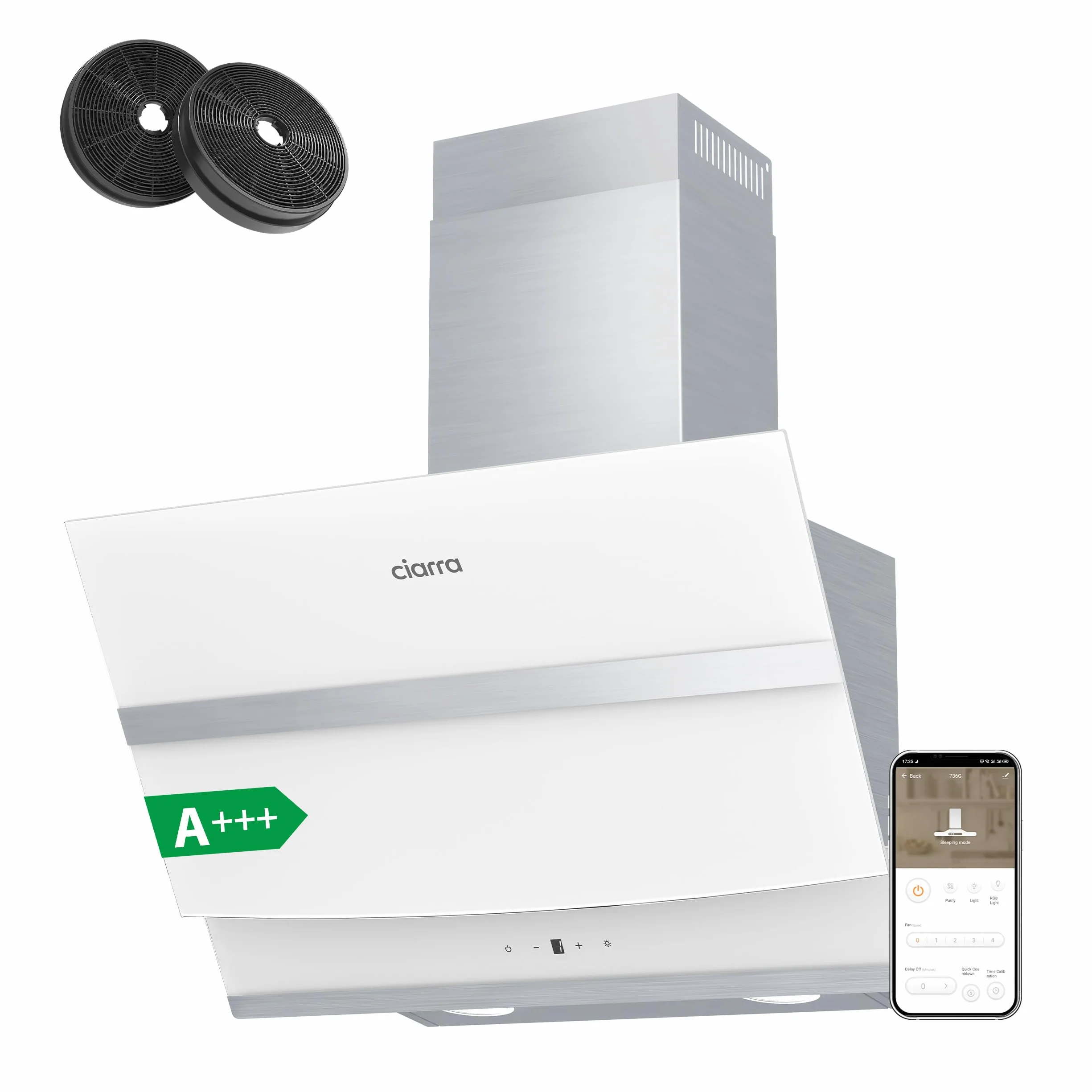 CIARRA ASW6736N Classe A+++ Cappa Aspirante 60 cm 650m³/h Filtro Carboni Attivi CBCF003 Pannello Touch Aspiratore 4 velocità Cappa a Parete Vetro Bianco