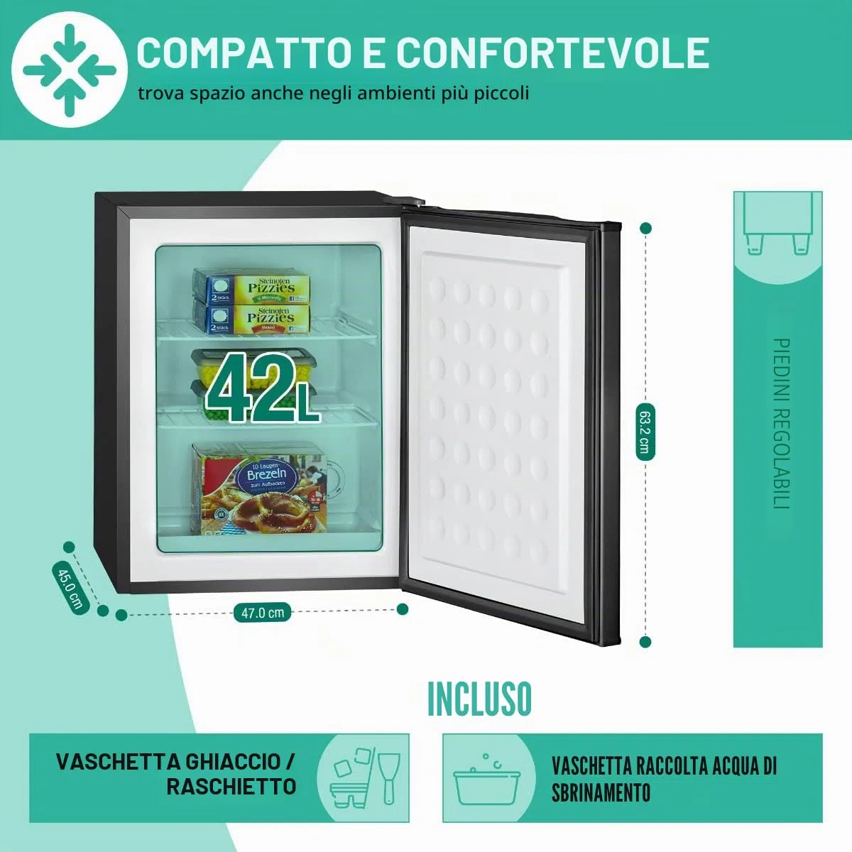 Congelatore compatto Bomann con capacità utile di 42 litri, mini congelatore con 2 ripiani in filo metallico rimovibili, cerniera della porta reversibile e controllo continuo della temperatura