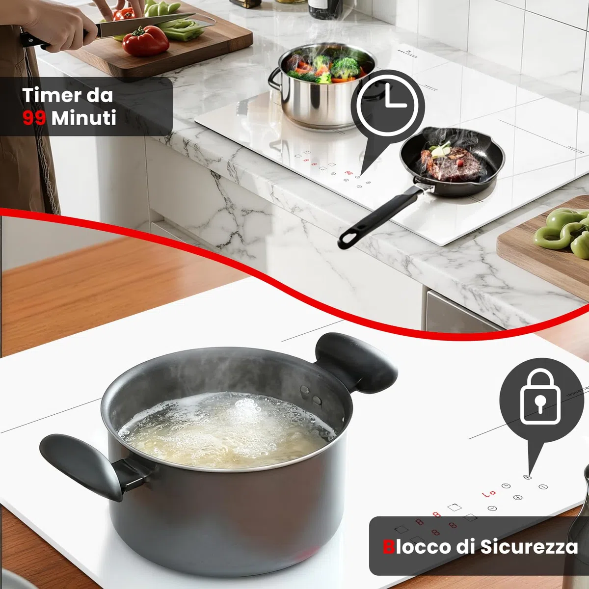 Piano Cottura a Induzione Bianco 4 Fuochi con Spina, Piastra a Induzione da Incasso 60CM, 3500W, Funzionamento Touch, Blocco di Sicurezza, Protezione da Surriscaldamento, 220V
