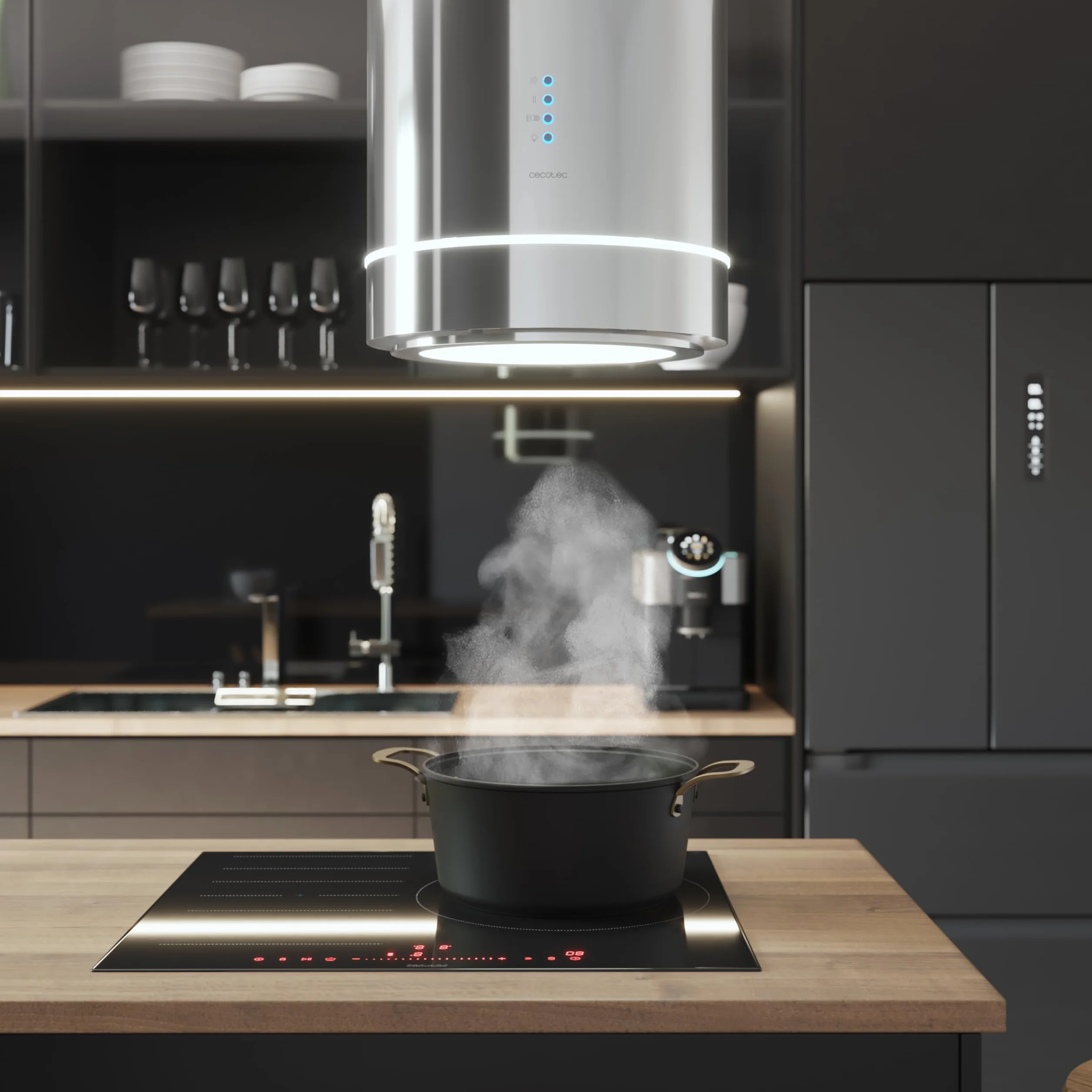 Cecotec Cappa Aspirante Isola Rotonda 38cm Bolero Flux Ire 388000 Inox A++. Aspirazione 712m3/h, Motore 210W, Controllo Elettronico, Pannello LED, Filtro Carbone, Design Elegante Inox