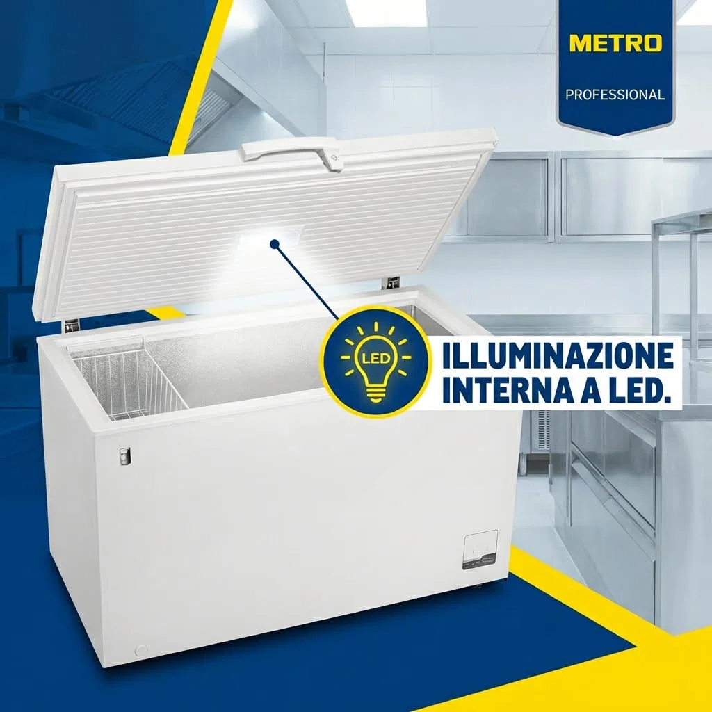 METRO Professional Congelatore a Pozzetto GHF2400, Acciaio/Alluminio, 136.5 x 73.5 x 83.5 cm, 130 W, 1 cestello, Illuminazione a LED, Con serratura, Bianco (400 L)