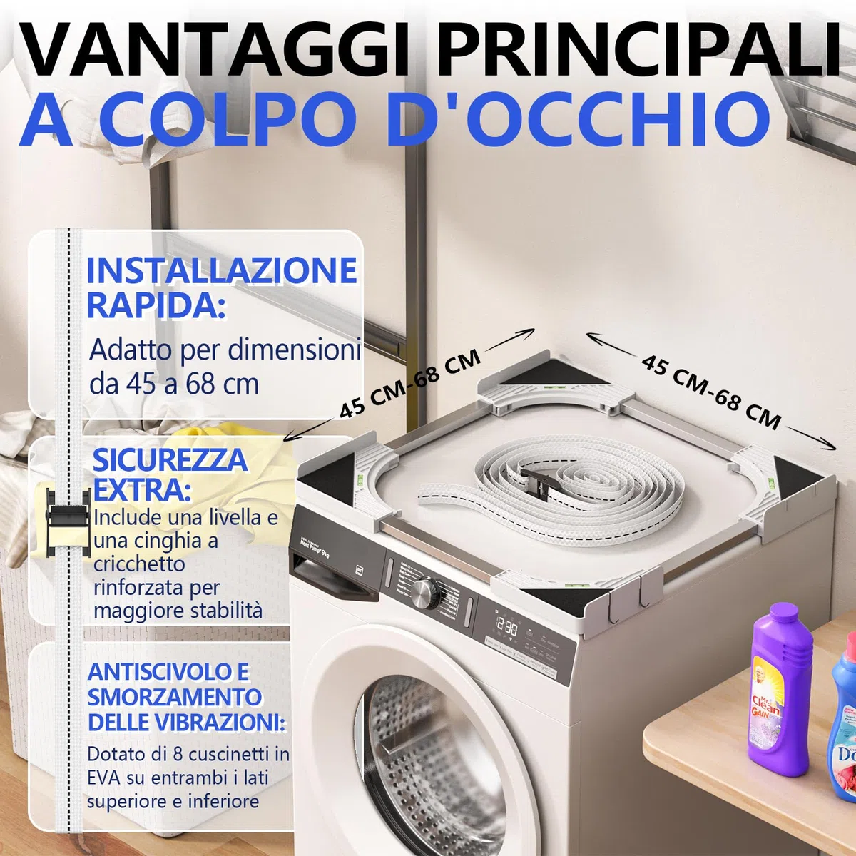 Slimline - Kit impilabile per lavatrice e asciugatrice, telaio universale per elettrodomestici da 45-68 cm, design salvaspazio con cinghia a cricchetto e 4 ganci multifunzione (bianco)