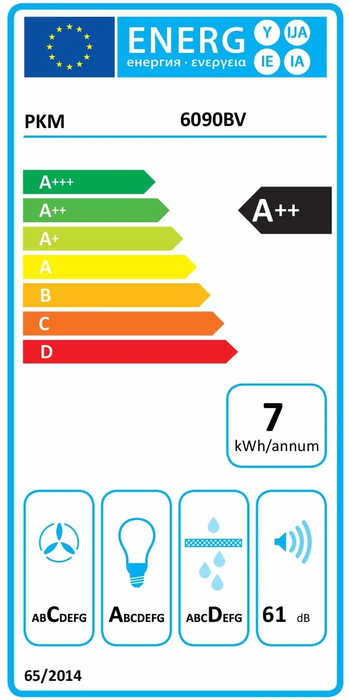 PKM 6090BV - Cappa aspirante da parete, con filtro a carbone, in lamiera d'acciaio nera, 60 cm, illuminazione a LED, classe di efficienza energetica A++