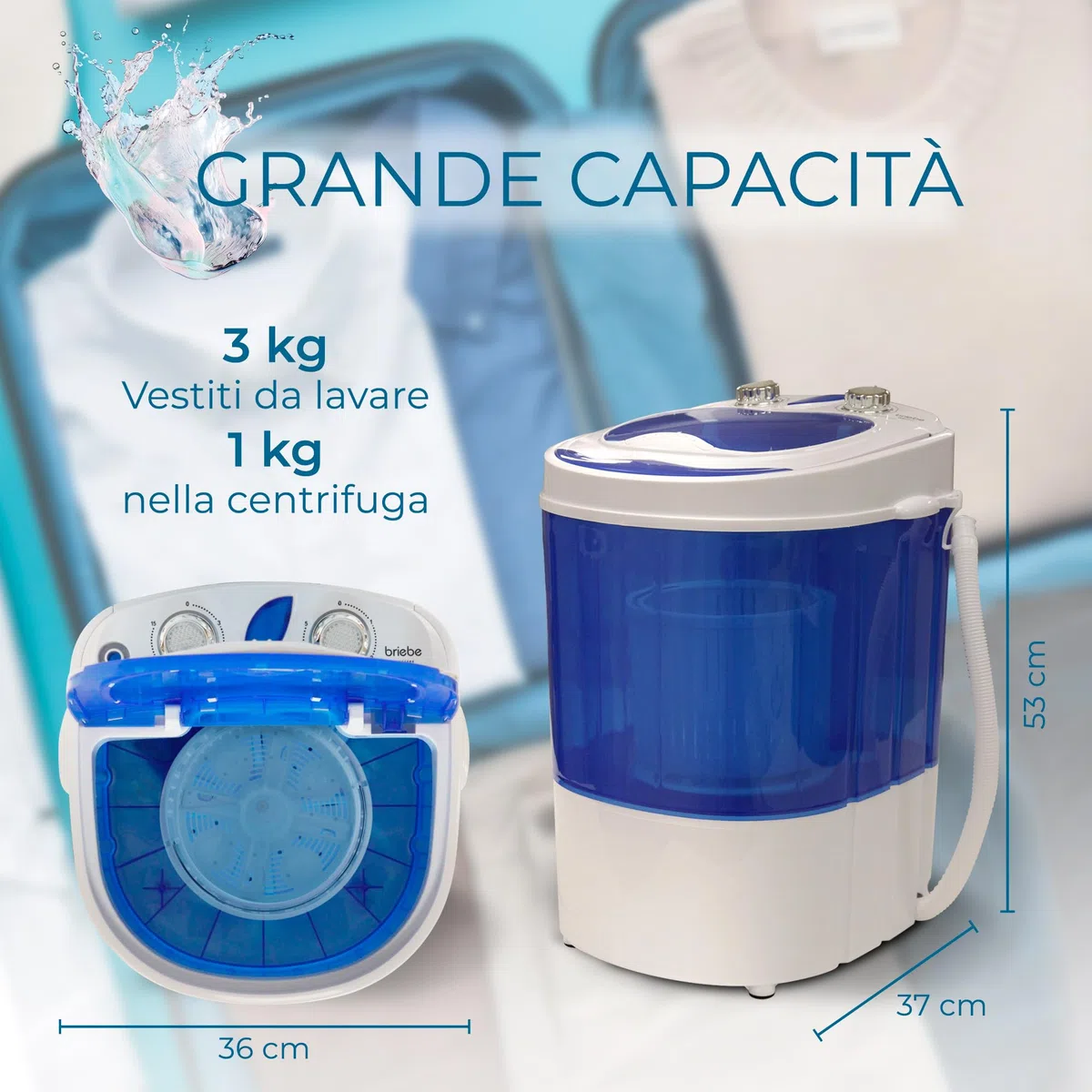 Briebe Camp Mini Lavatrice Portatile Con Centrifuga, Campeggio, Capacità Abbigliamento 3Kg, Ideale Viaggi e Camper, Carico Superiore, Basso Consumo Acqua ed Energia, WM1111