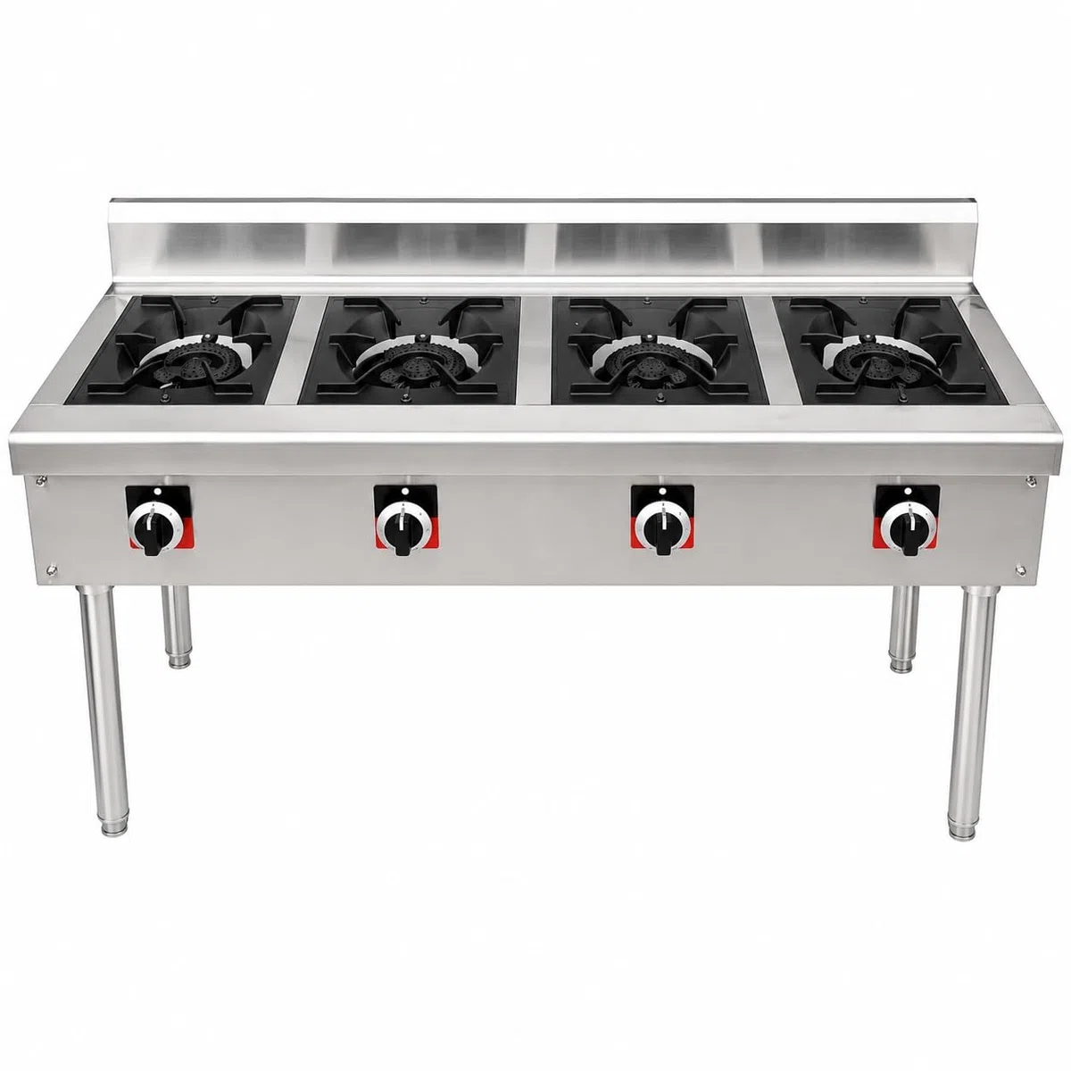 GrecoShop Fornello Professionale a Gas 4 Fuochi in Acciaio Inox con Supporto regolabile in Altezza–Cucina Industriale per Ristoranti, Pizzerie e Catering, Bruciatori, Struttura Professionale
