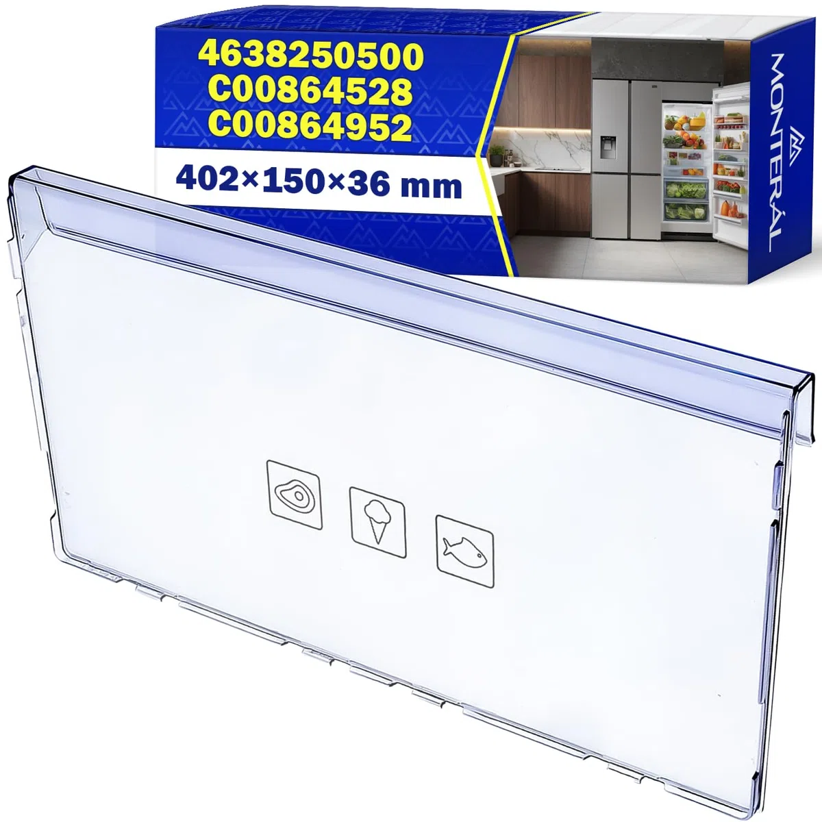 Pannello Frontale Cassetto Frigorifero e Congelatore 402x150x36 mm con Codice Originale 4638250500 4640640200 per Beko C00864528 C00864952 per Whirlpool per Indesit - Garanzia di 10 Anni - MONTERAL