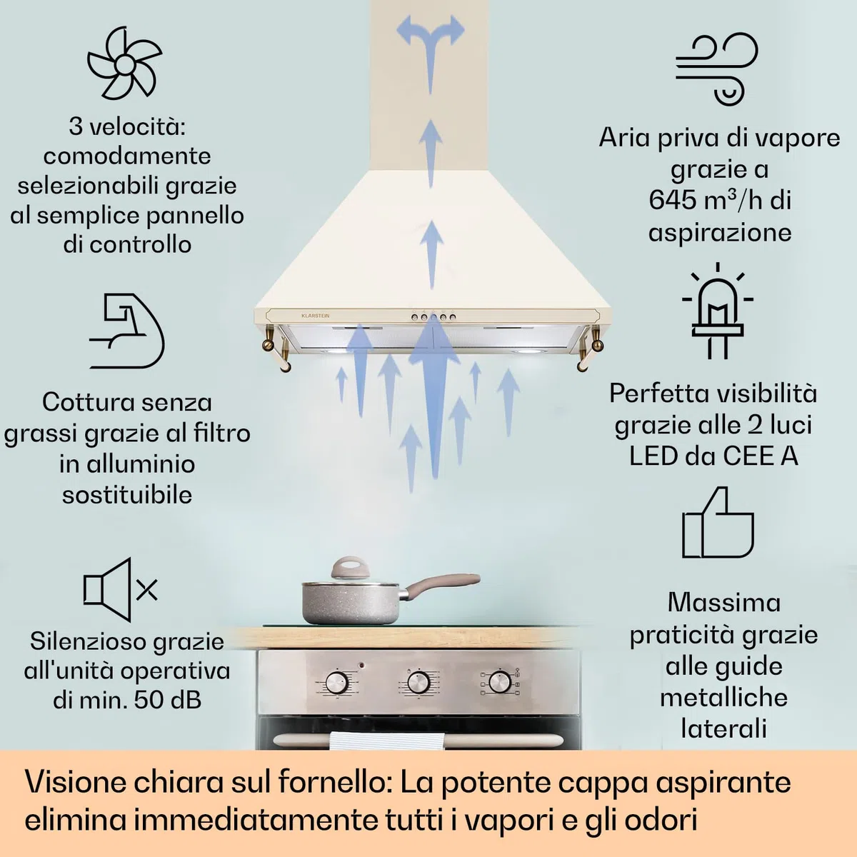Klarstein Cappa Aspirante 60 cm Angolo Cucina Smart Silenziosa Filtro Antigrasso Alluminio Lavabile Lavastoviglie LED