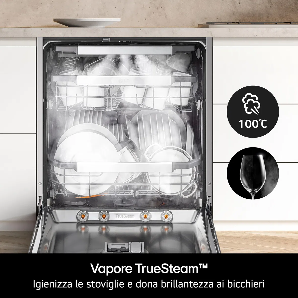 LG DF375HWS Lavastoviglie Libera Installazione Classe A, 14 Coperti, Lavaggio a Vapore TrueSteam, LED Esterno, Sistema QuadWash con 4 Bracci Irroratori, Serie 5, Auto-Apertura, 43dB, Wi-Fi, Bianco