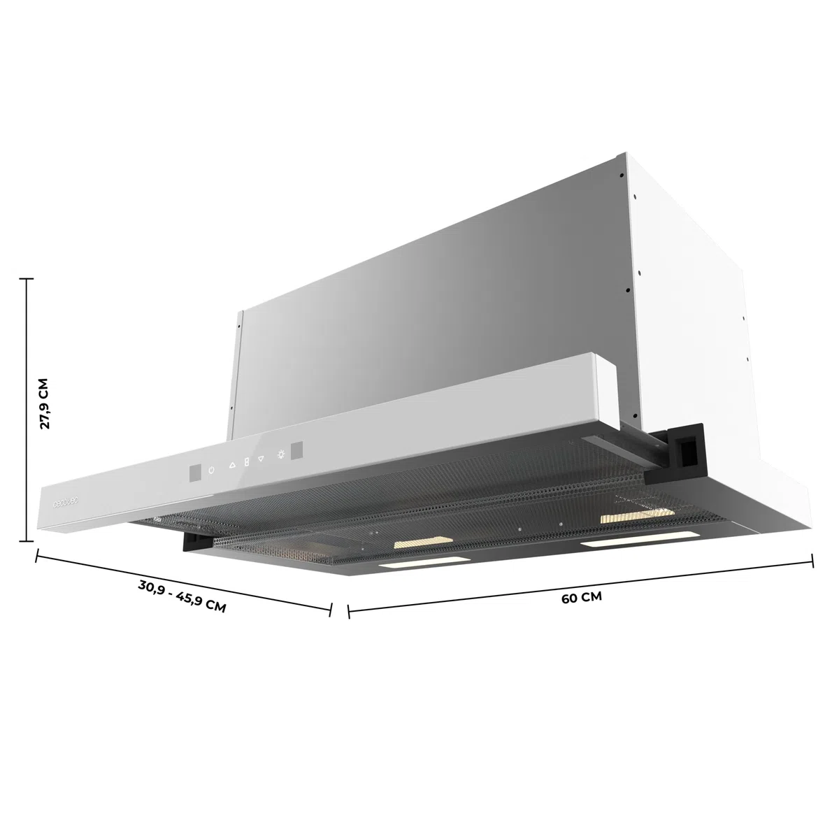 Cecotec Cappa Aspirante Telescopica Bolero Flux TLT 605501 Glass White A++, 60cm, 606,4m³/h Aspirazione, Classe A++, Controllo Touch Invisibile, Hand Movement Control, Booster, Filtri Lavabili