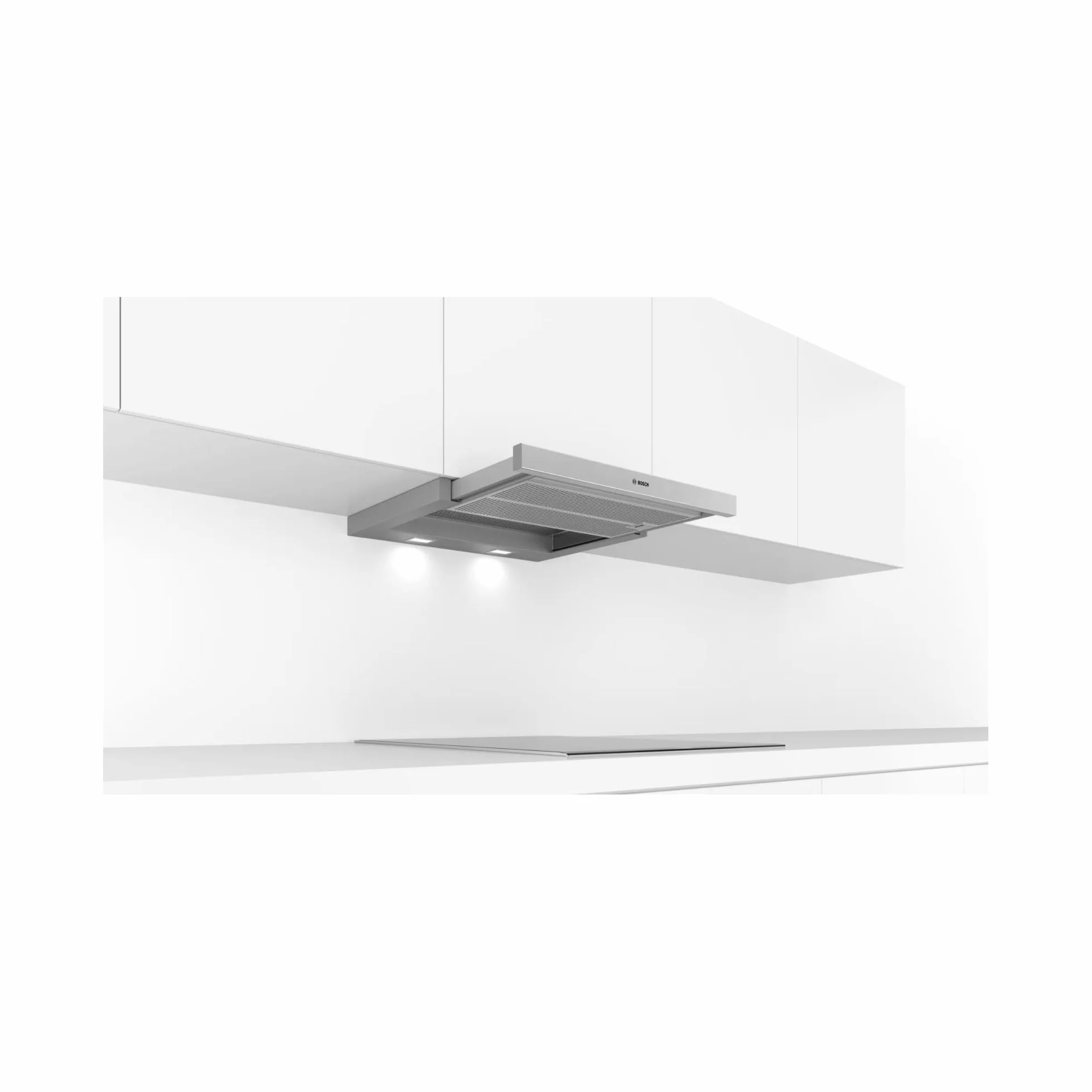 Bosch DFR067A52 - Copertura per schermo piatto serie 4, 60 cm di larghezza, aria di trascinamento e di scarico, prodotto in Germania, EcoSilence Drive, motore silenzioso ed efficiente, illuminazione a