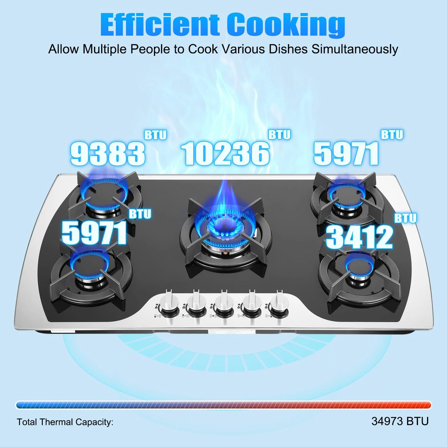 Piano cottura a gas, 5 fuochi, cucina a gas naturale, piano cottura a gas con accensione elettrica, vetro temperato da 7 mm, sistema di sicurezza alla mancanza di fiamma, accensione a impulsi