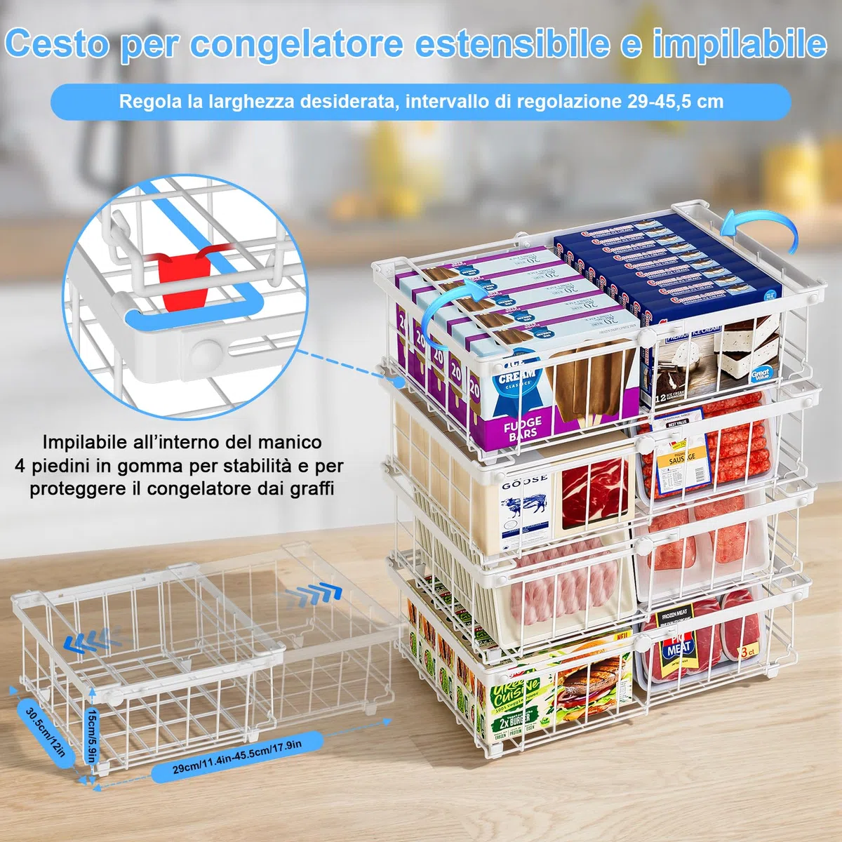 4 Pezzi Cestini Per Congelatore Lmpilabili in Metallo,Lunghezza Regolabile 29-45.5CM,Cestini Pieghevoli con Maniglie,per 140-570L Congelatore Verticale Congelatore da Incasso,Bianco