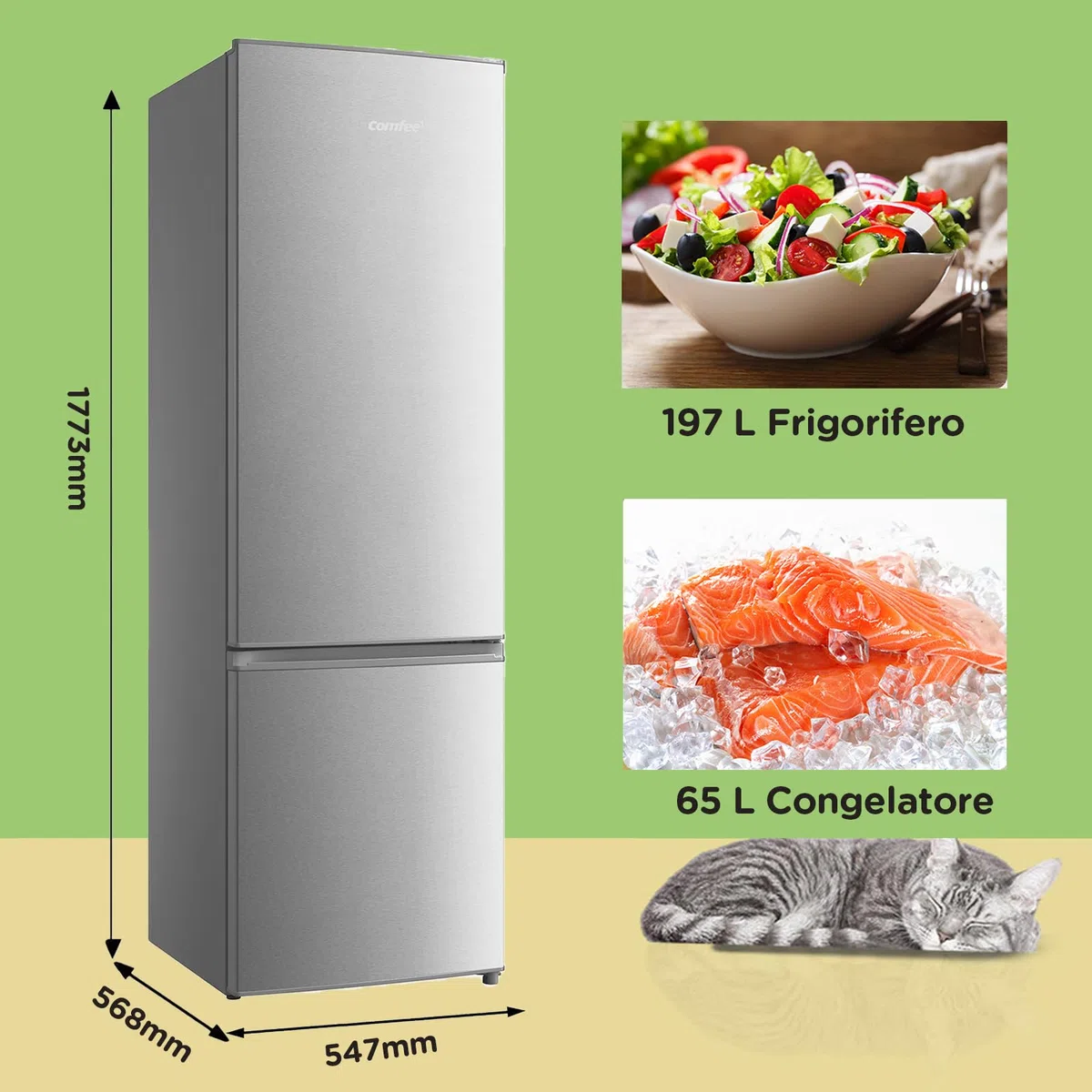 COMFEE' RCB359IX2 262L Frigorifero Combinato, Low Frost, 177,5 cm, 39 dB, LED, Inox