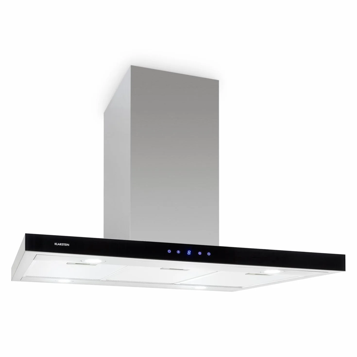 Klarstein Madonna - Cappa Aspirante ad Isola, Potenza Aria di Scarico 500 m³/h, Larghezza 90 cm, Illuminazione, Touchpad Illuminato con Display, Nero/Argento