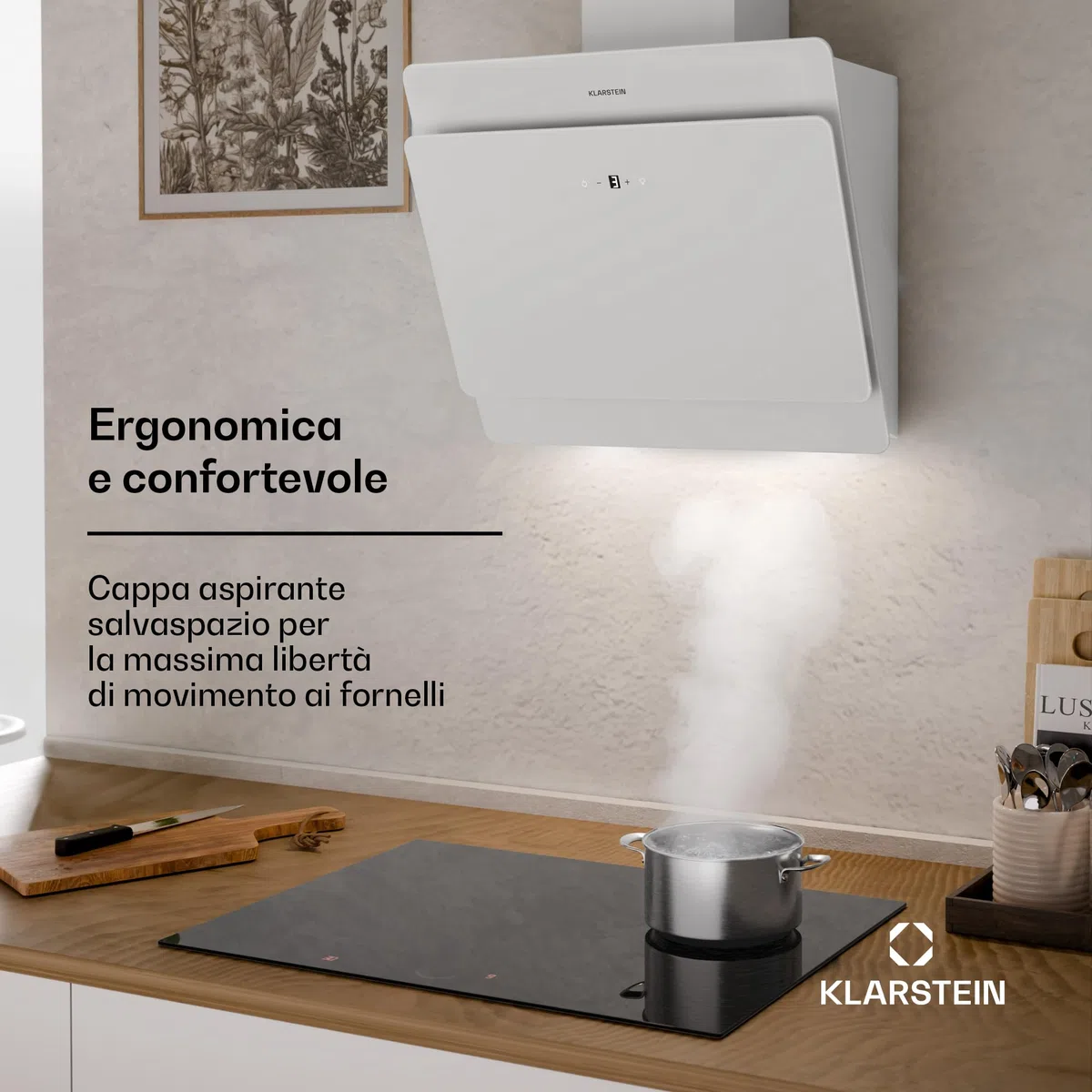 Klarstein Cappa Aspirante 60 cm, Cappa Cucina, Cappa Filtrante in Acciaio Inox, Scarico: 620m³/h, Illuminazione LED, Pannello Touch, Filtro Per Ricircolo, Safety Glass, Classe Energetica B, Bianco