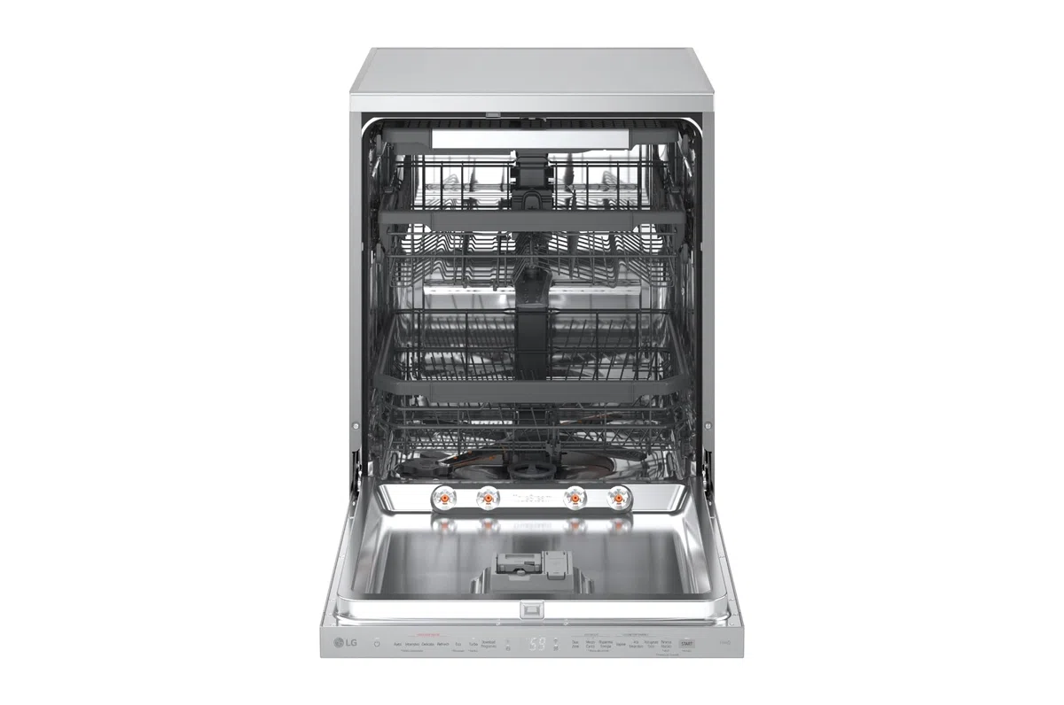 LG DF375HVS Lavastoviglie Libera Installazione Classe A, 14 Coperti, Lavaggio a Vapore TrueSteam, LED Esterno, Sistema QuadWash con 4 Bracci Irroratori, Serie 5, Auto-Apertura, 43dB, Wi-Fi, Grigia