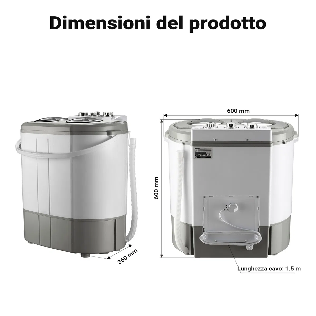 Wiltec Lavatrice da camper 230 W 60 x 36 x 60 cm, lavatrice portatile con centrifuga, lavatrice da campeggio Capacità di lavaggio 3 kg/centrifuga 2 kg